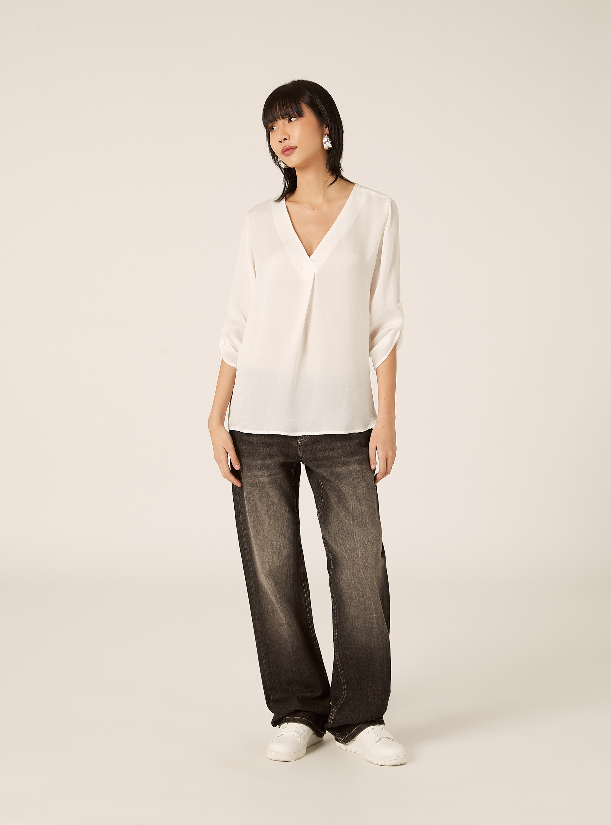 Plain neckline blouse, WH1 OFF WHITE