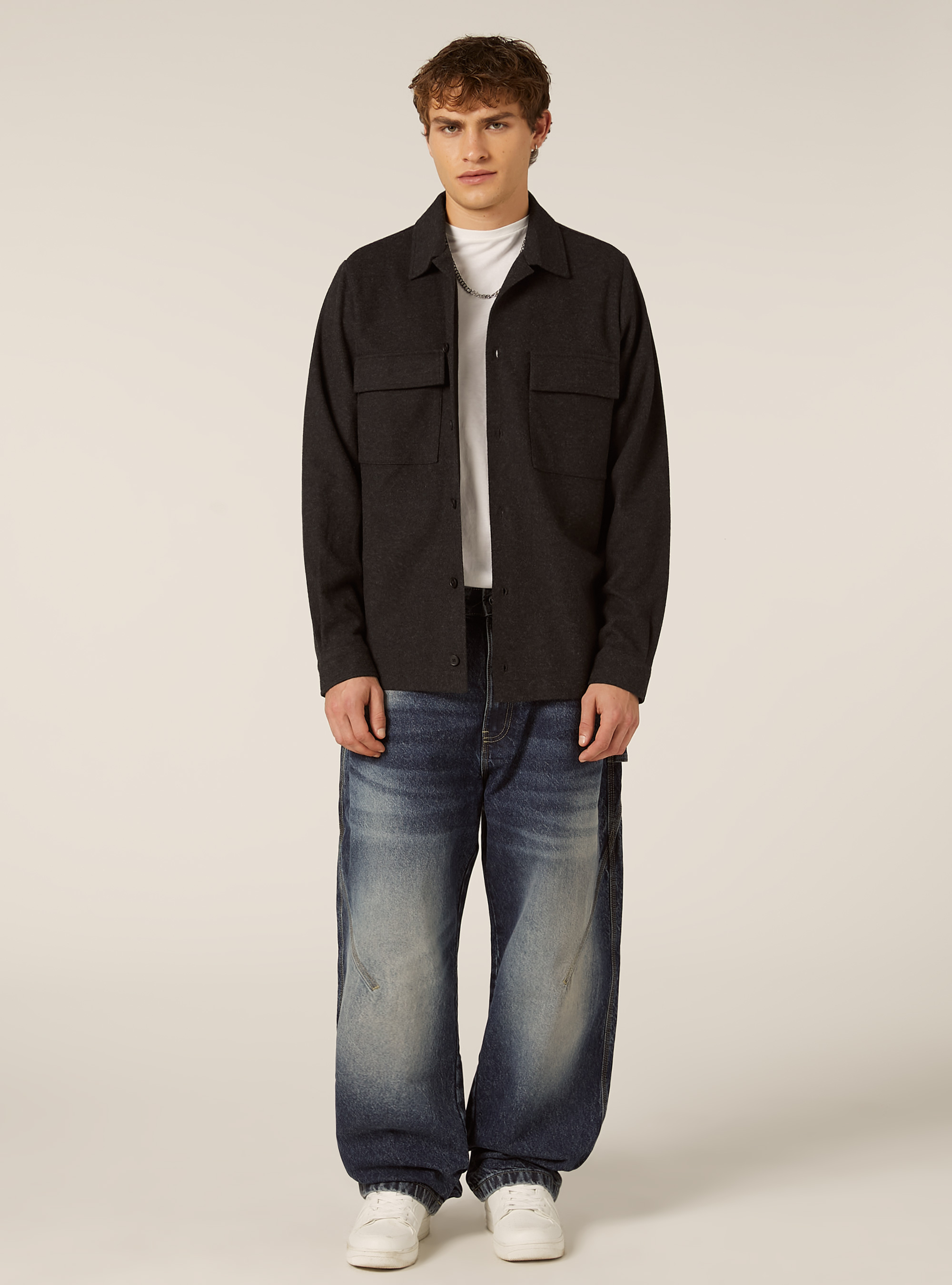 Hemd mit großen Taschen im Flanell-Look, MGY1 GREY MEL DARK