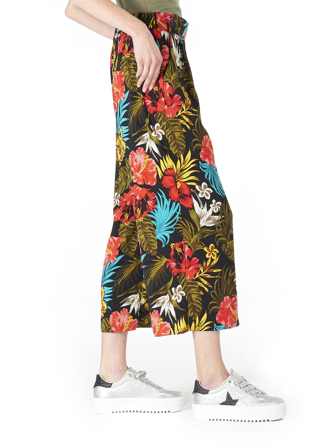 Pantalone gamba ampia vita alta e comfort fit, FL101 FLOWER BLACK