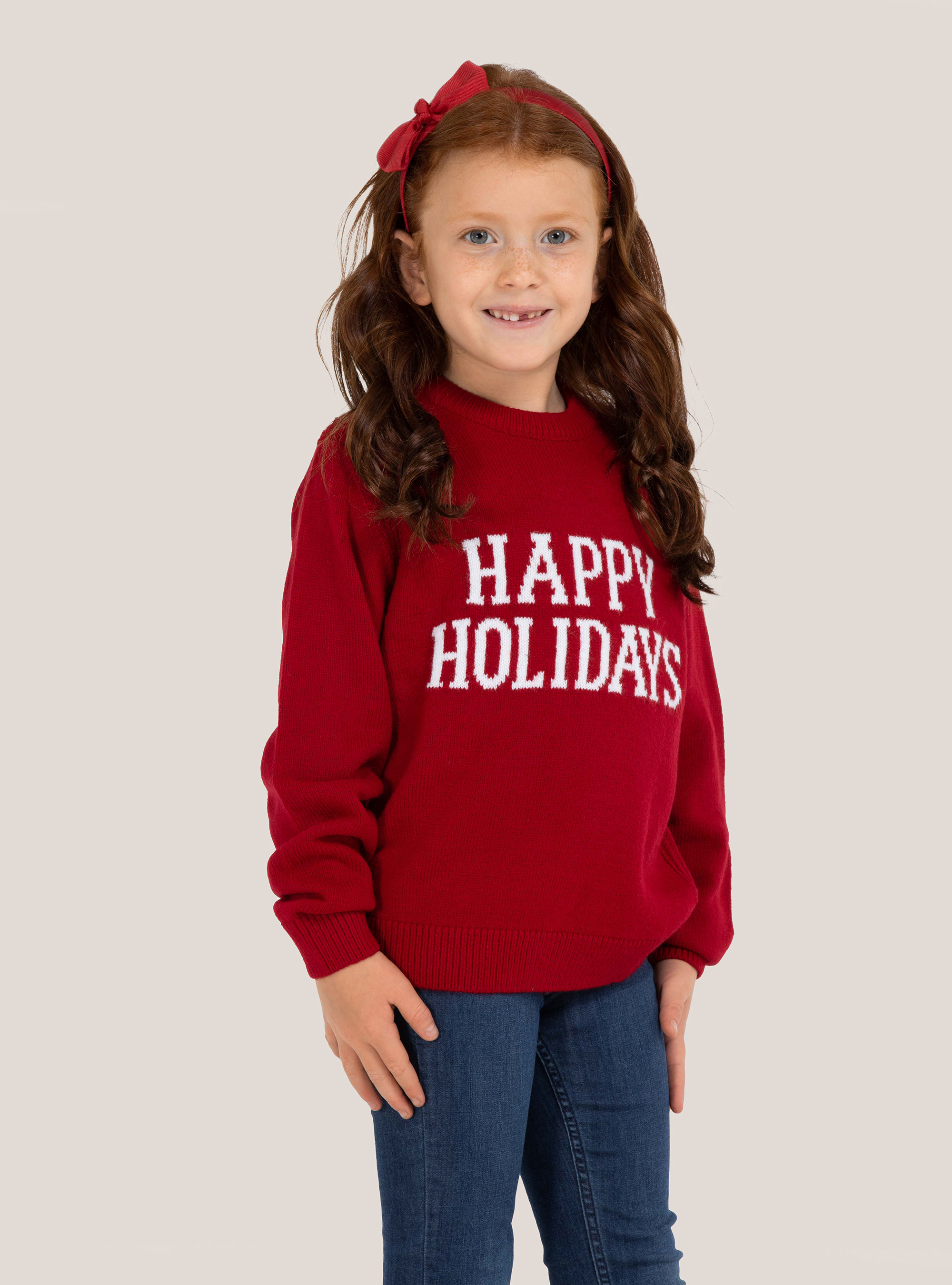 Pullover natalizio 'mini me'' con scritta ''Happy Holidays'', ROSSO