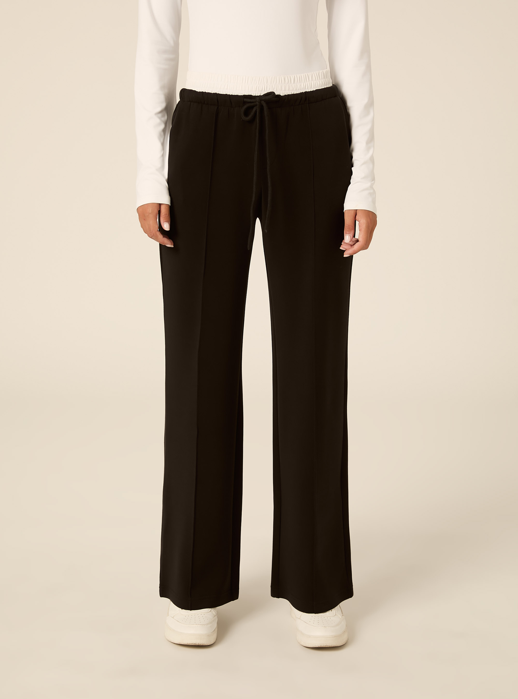 Wide leg hose aus scuba stoff mit doppelbund und biese, BK1 BLACK