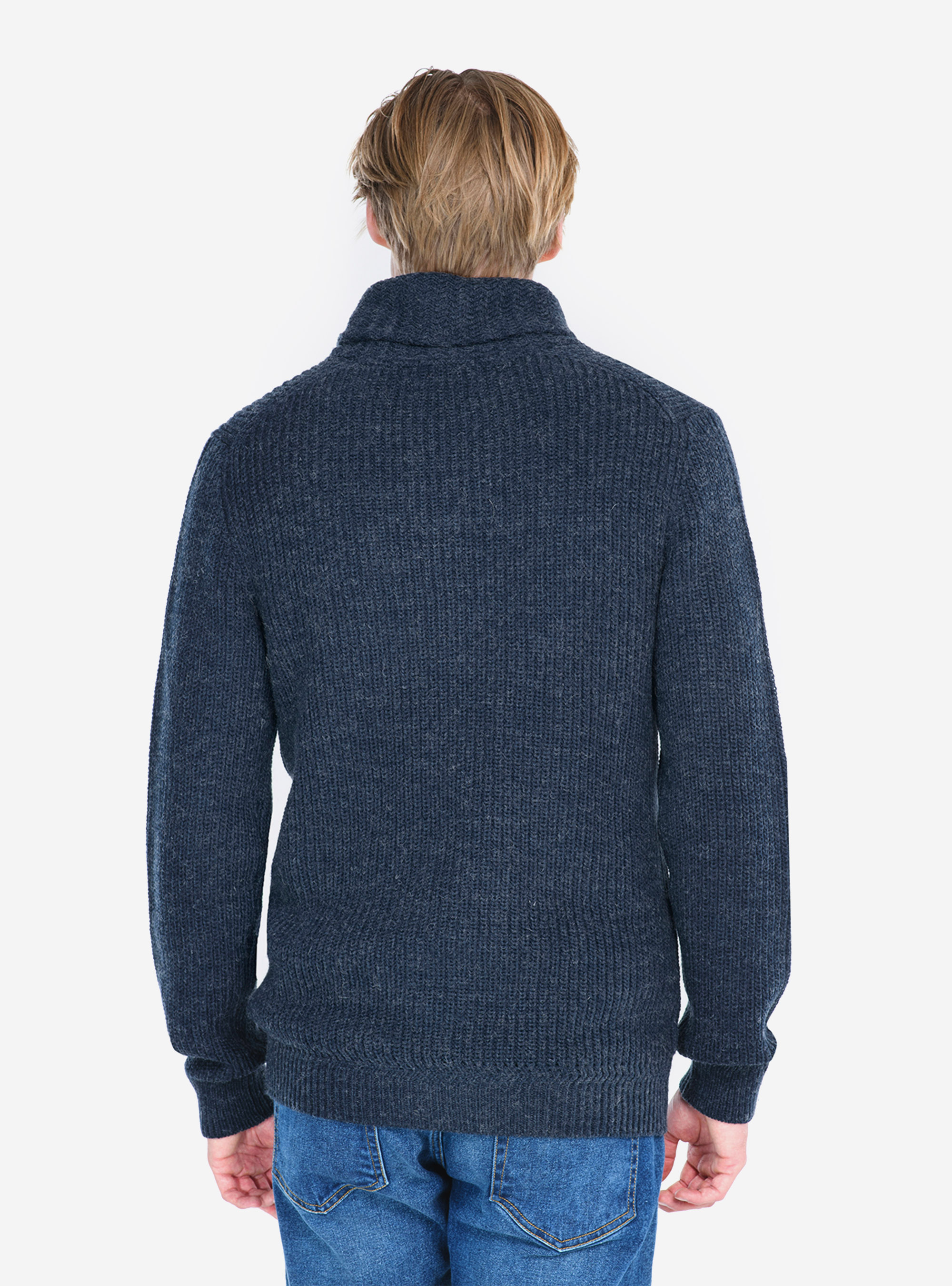 PULLOVER WITH SHAWL COLLAR, BLUE MELANGE