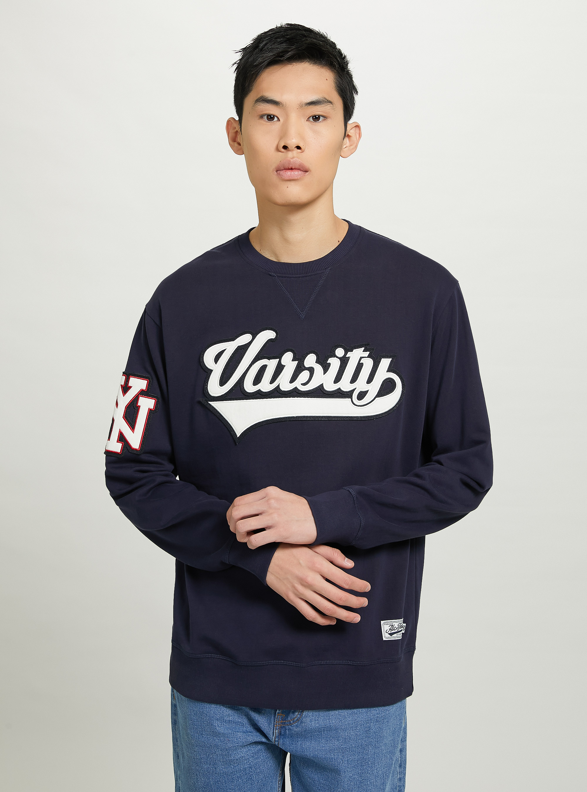 Round-neck college sweatshirt with cotton patch, C2306 BLU