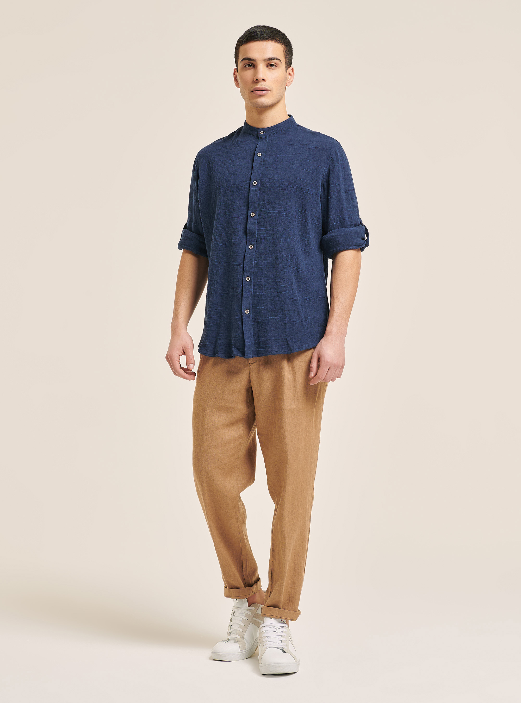 Linen blend shirt with Korean collar, BLUE NAVY