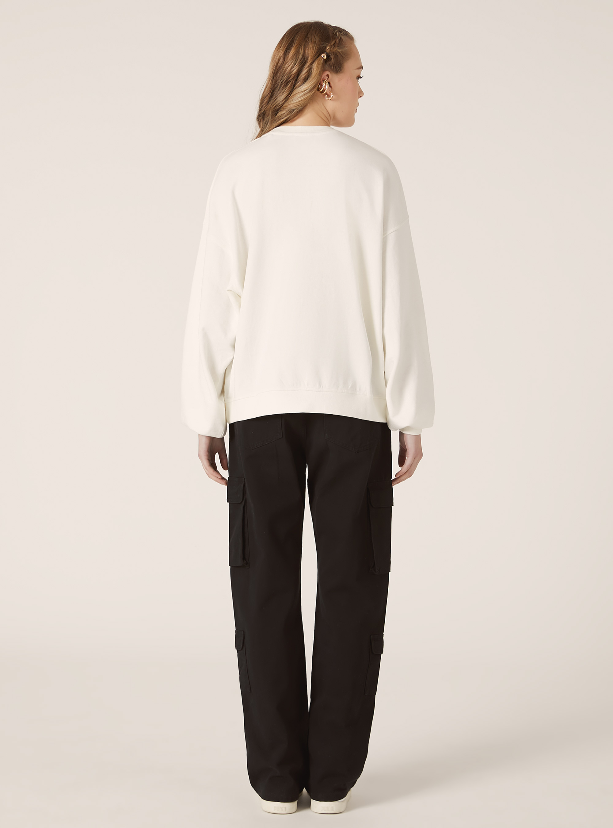 Sudadera de algodón liso con cuello redondo, WH1 OFF WHITE