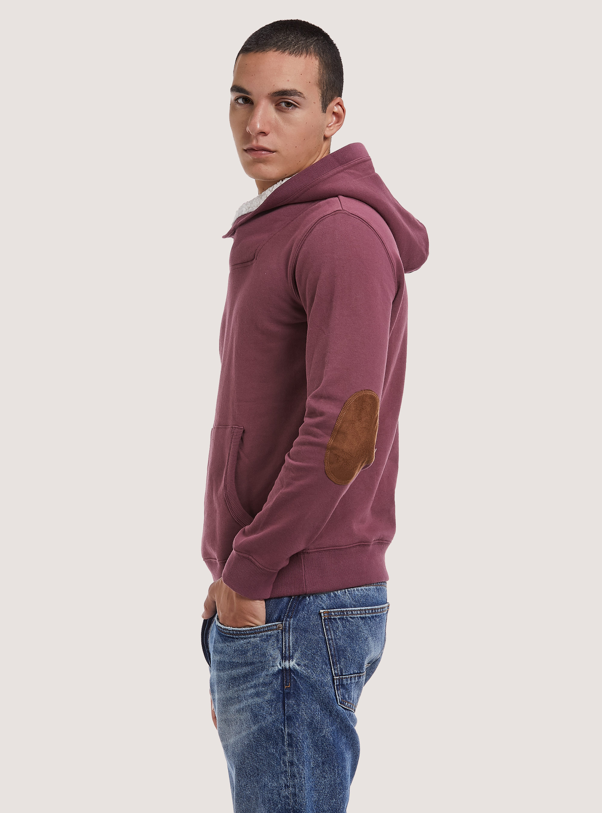 Felpa basic con cappuccio in eco pelliccia, CIPOLLA