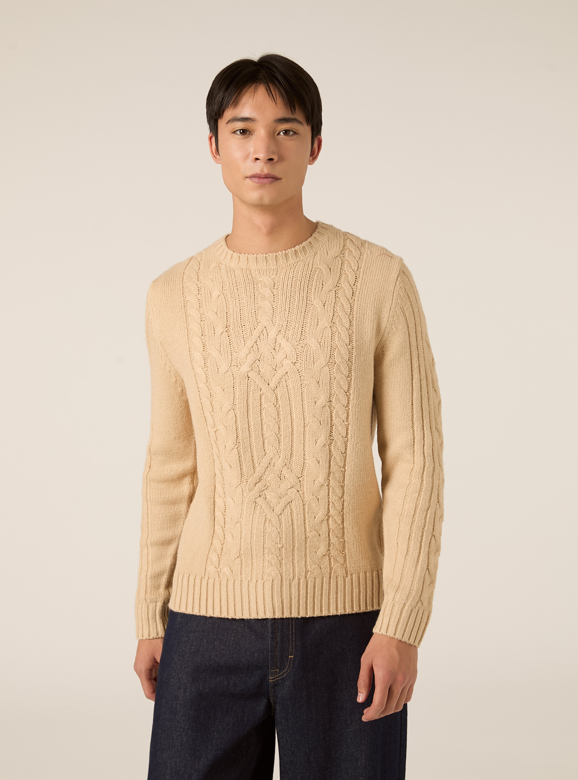 Crew neck jumper with cable knit, TB2 TOBACCO MEDIUM