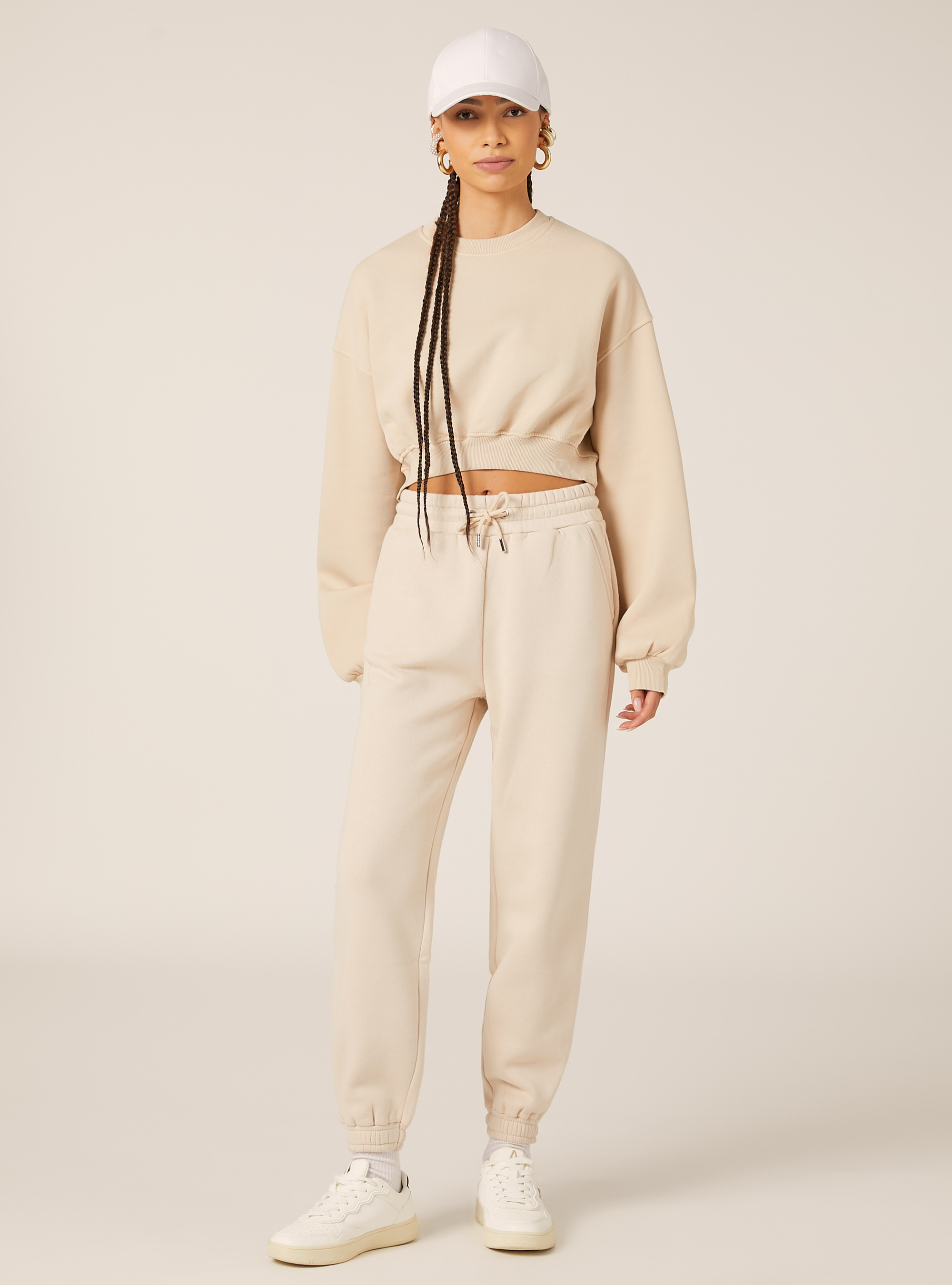 Felpa girocollo in cotone crop, BG2 BEIGE MEDIUM