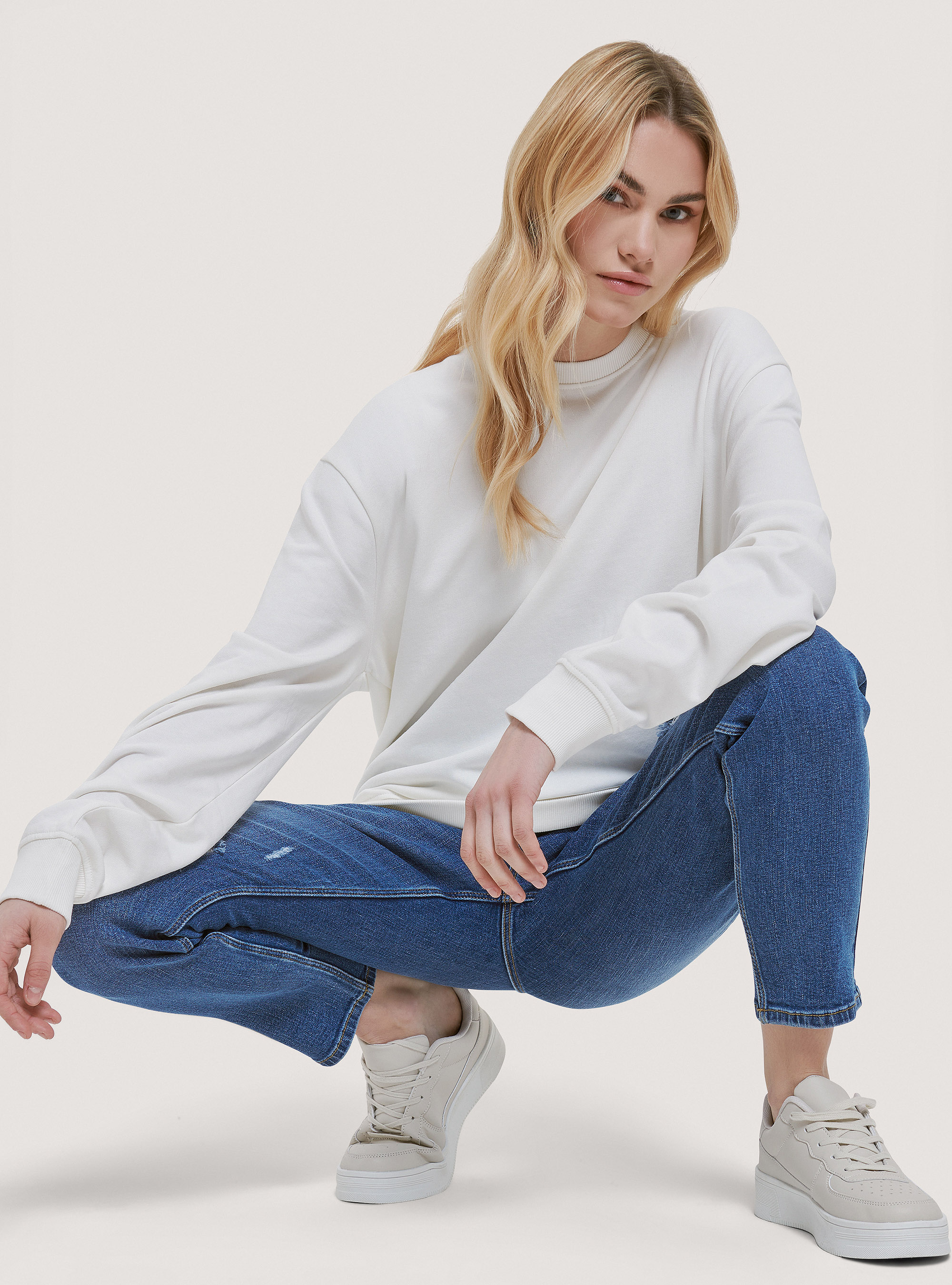 Basic round-neck cotton sweatshirt, C0020 OFF WHITE