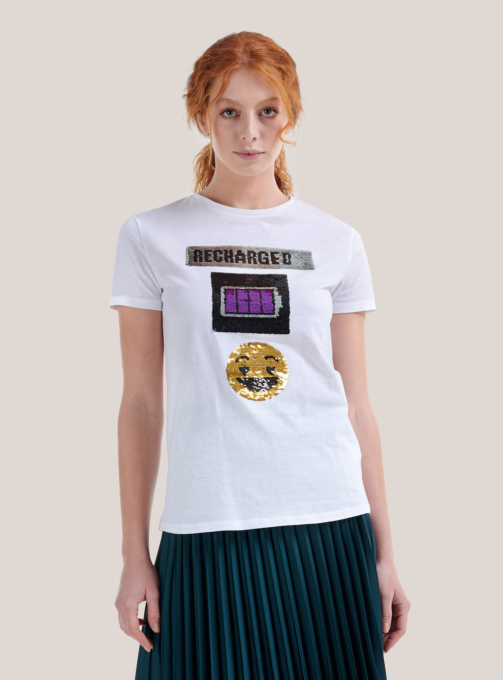 Cotton T-shirt with sequined smiley face, WHITE