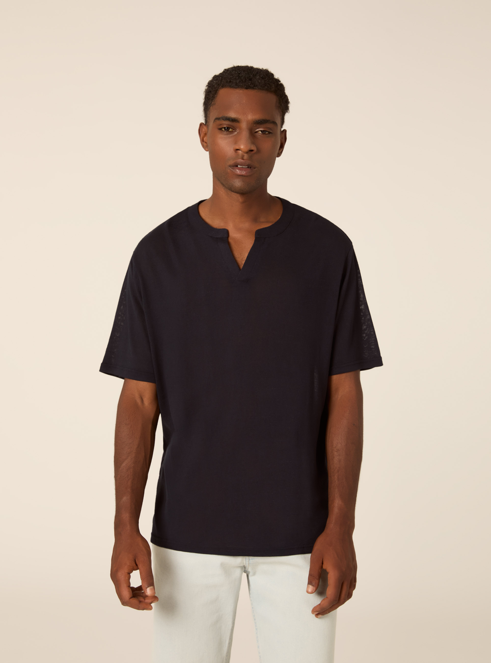 Maglietta serafino effetto lino, NA1 NAVY DARK
