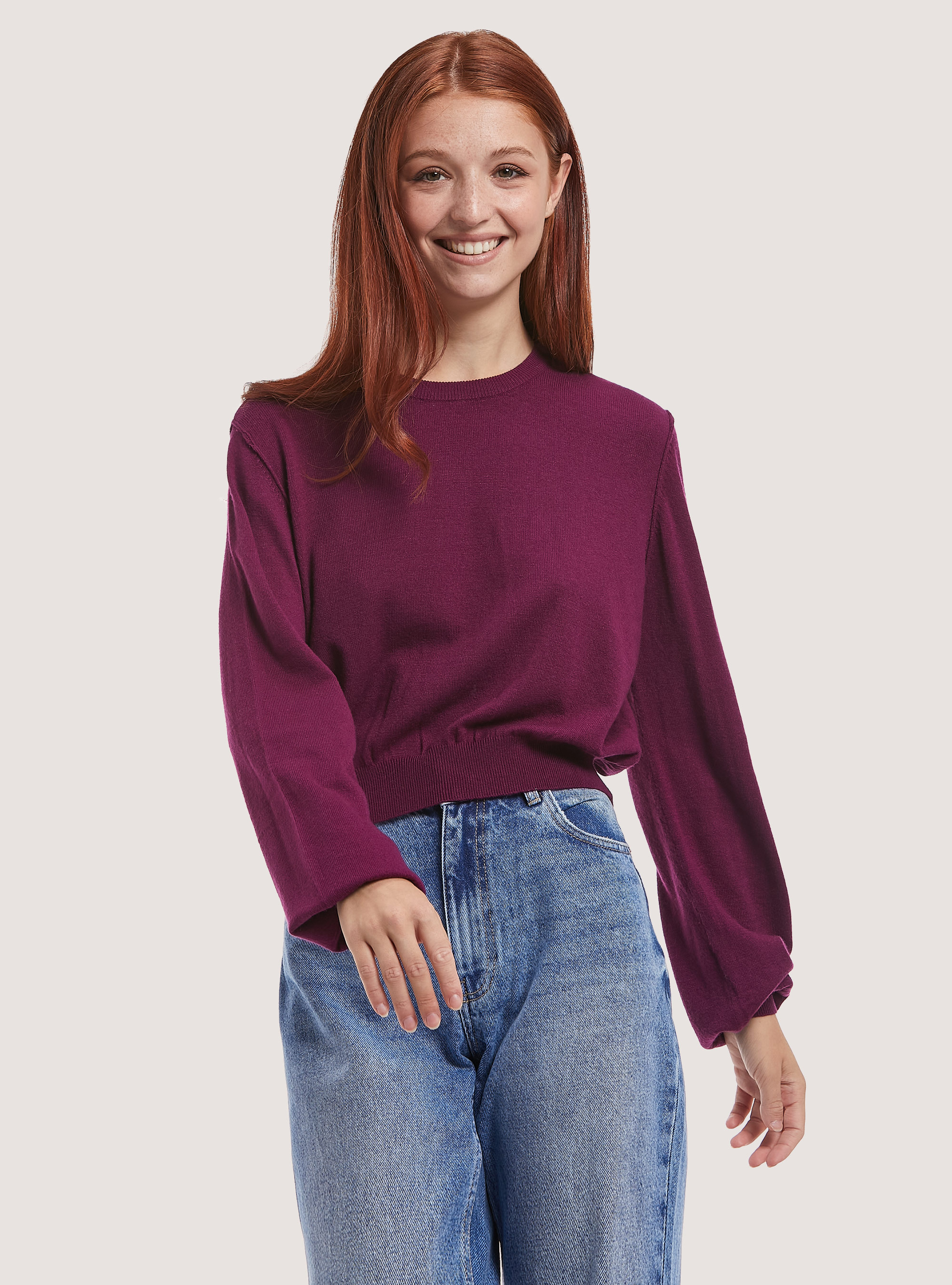 Cropped pullover with puff sleeves, PURPLE