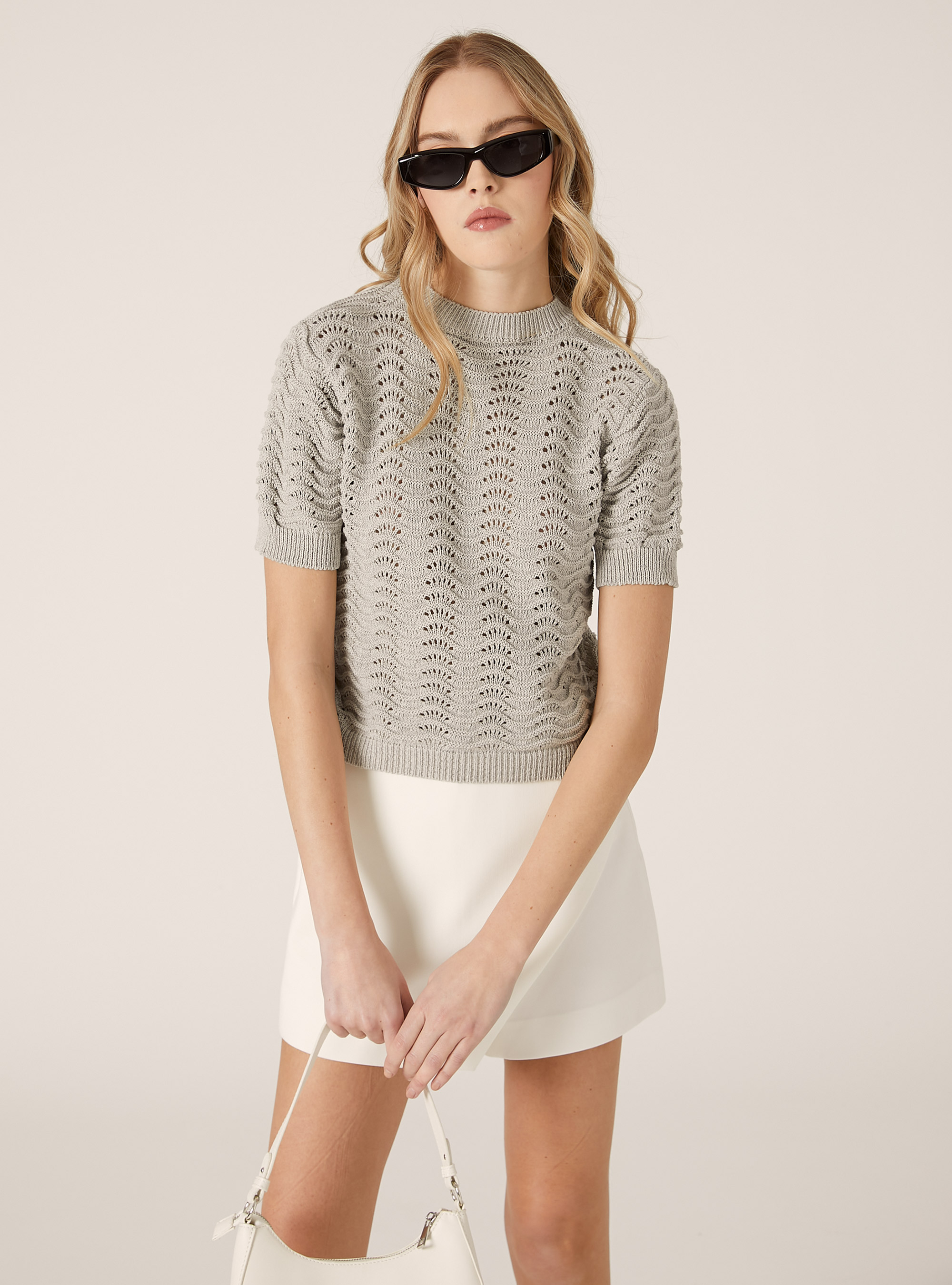 Kurzarm-Pullover mit durchbrochenen Ärmeln und Cropped-Jersey, MGY1 GREY MEL DARK