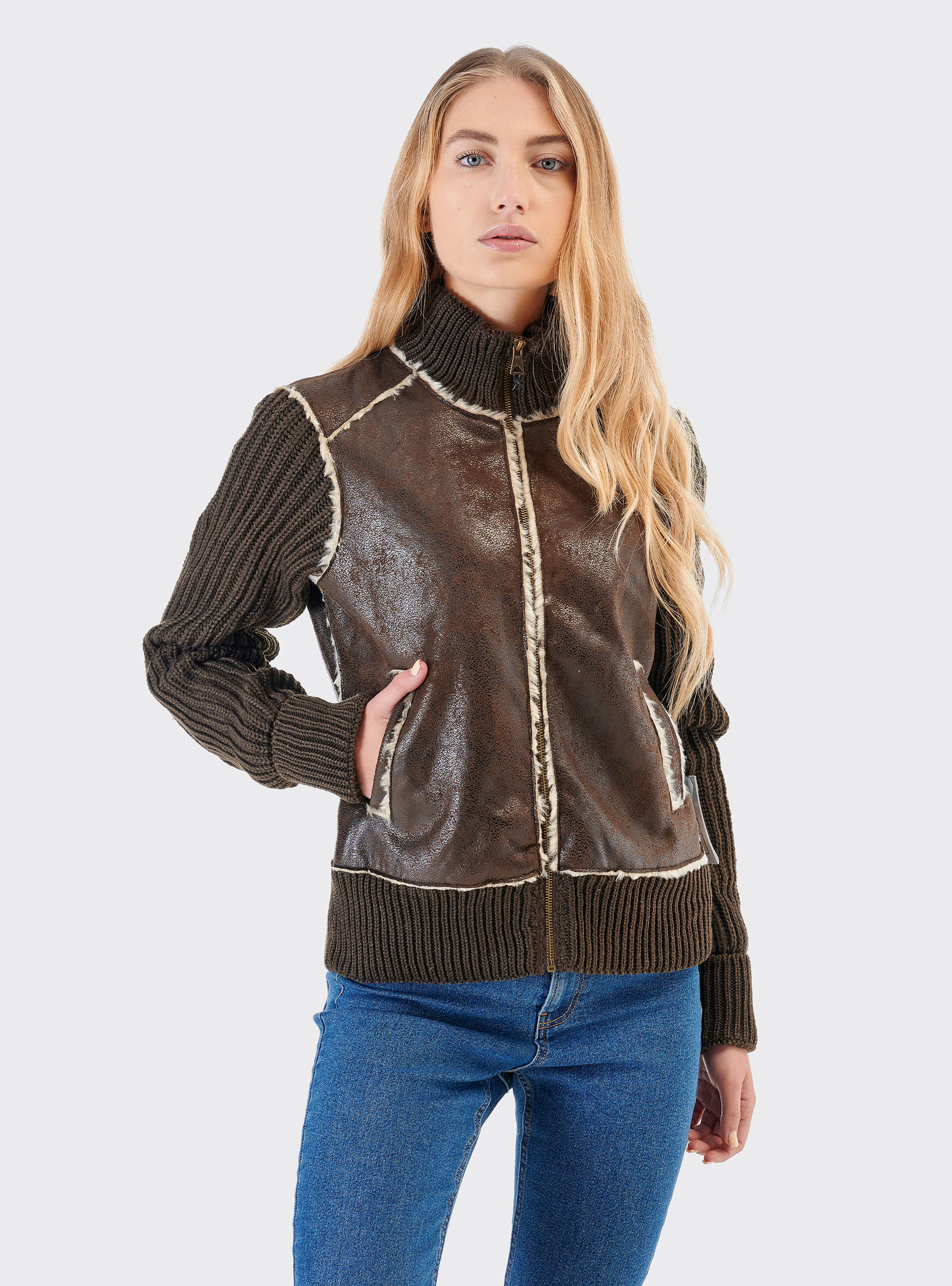 Montoncino donna maniche in maglia, C549 CAMEL