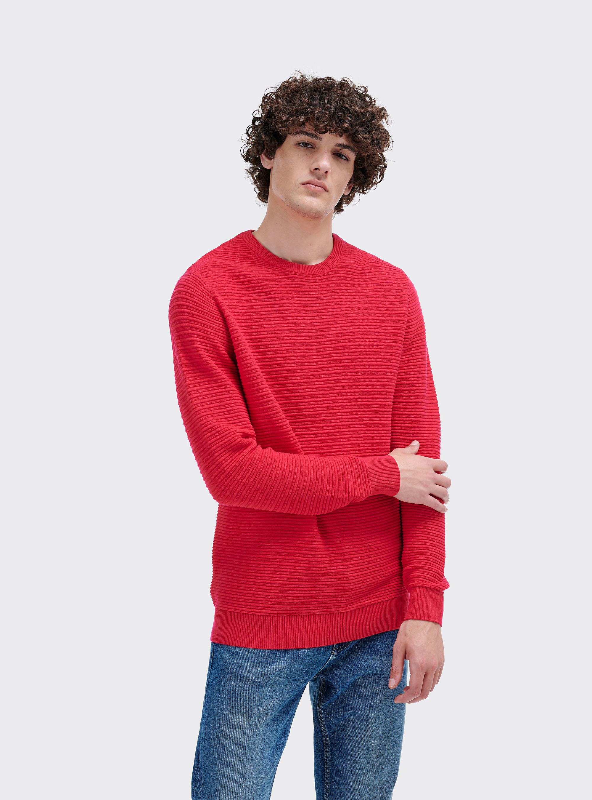 Basic Pullover mit Rundhalsausschnitt aus strukturiertem Strick, C4435 FUXIA