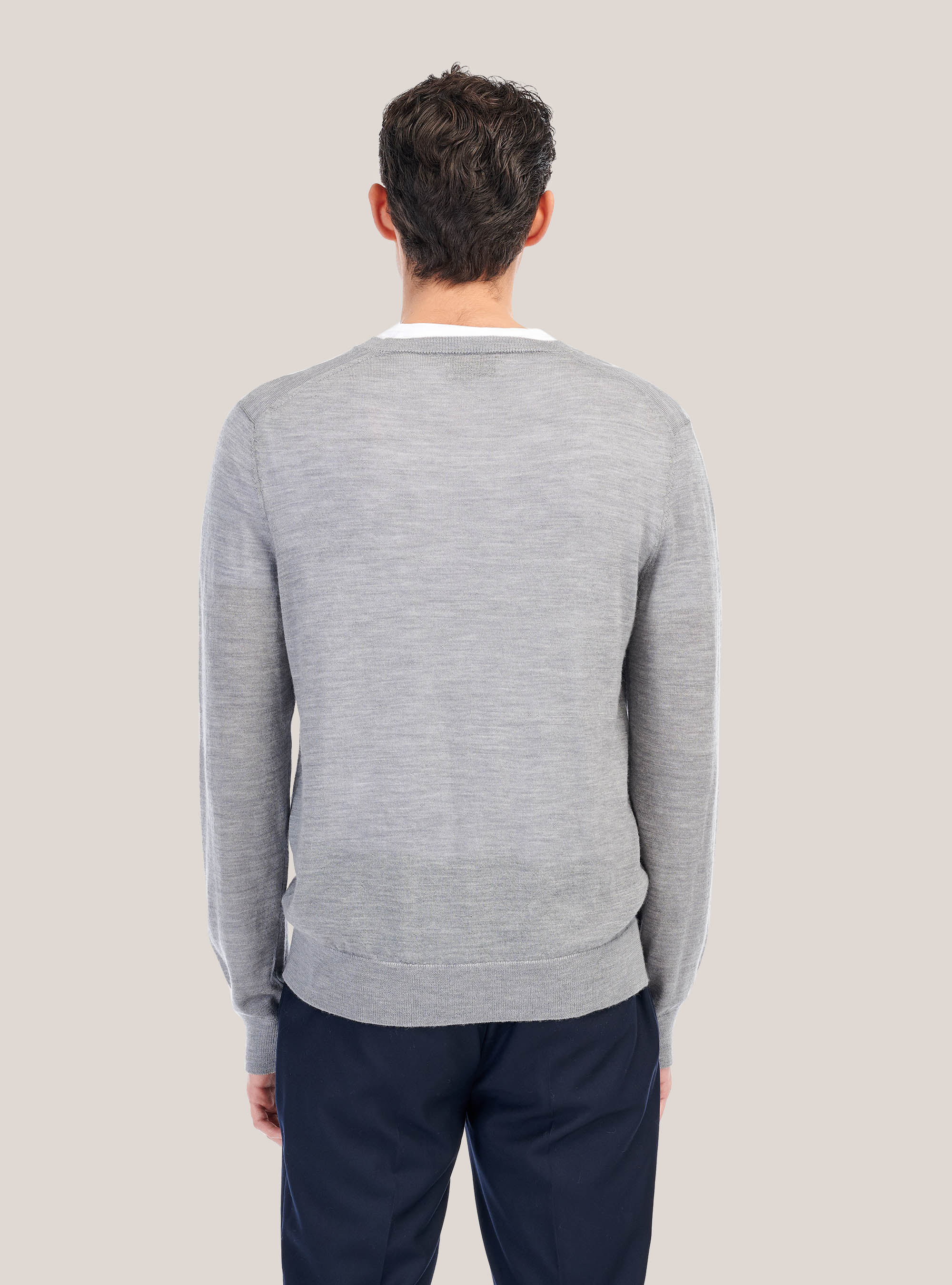 Jersey con cuello pico de lana de merino, GRIS MELANGE