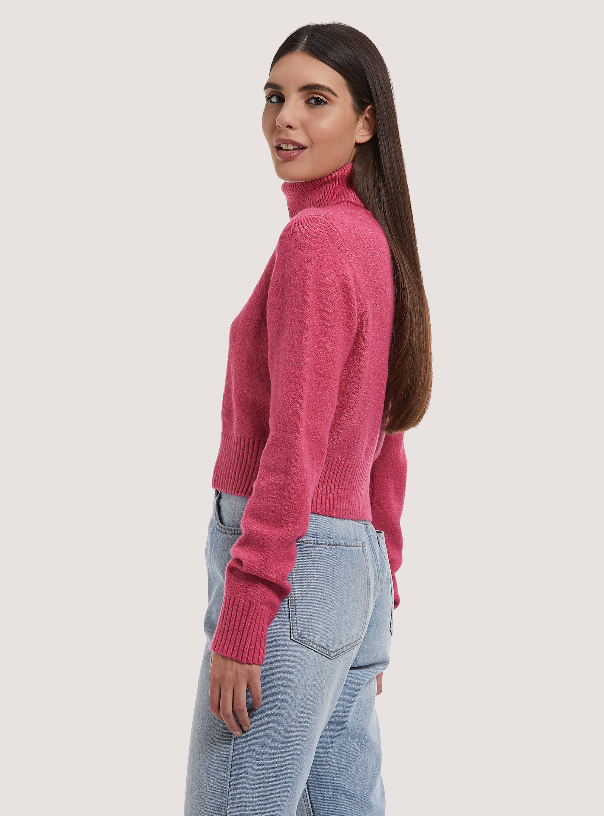 Pullover morbido cropped a collo alto, FX3 FUXIA LIGHT