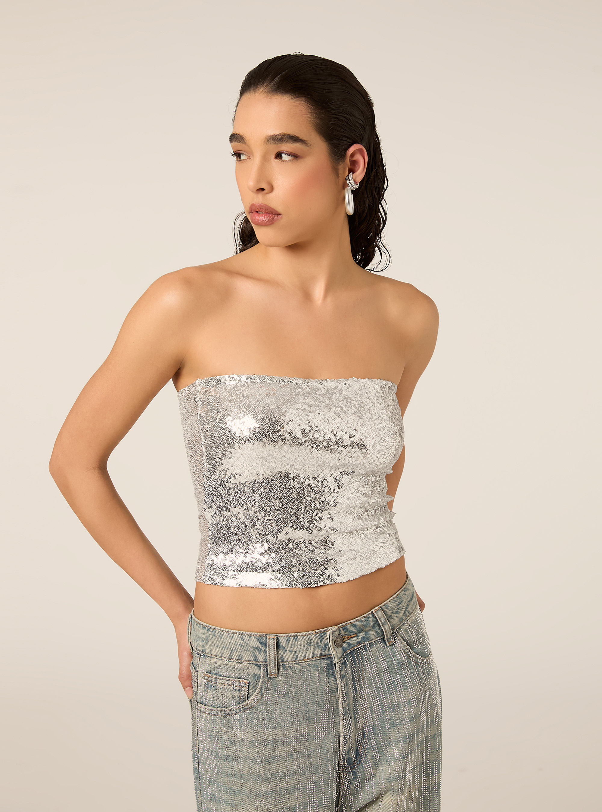 Top a fascia in paillettes, SV2 SILVER MEDIUM