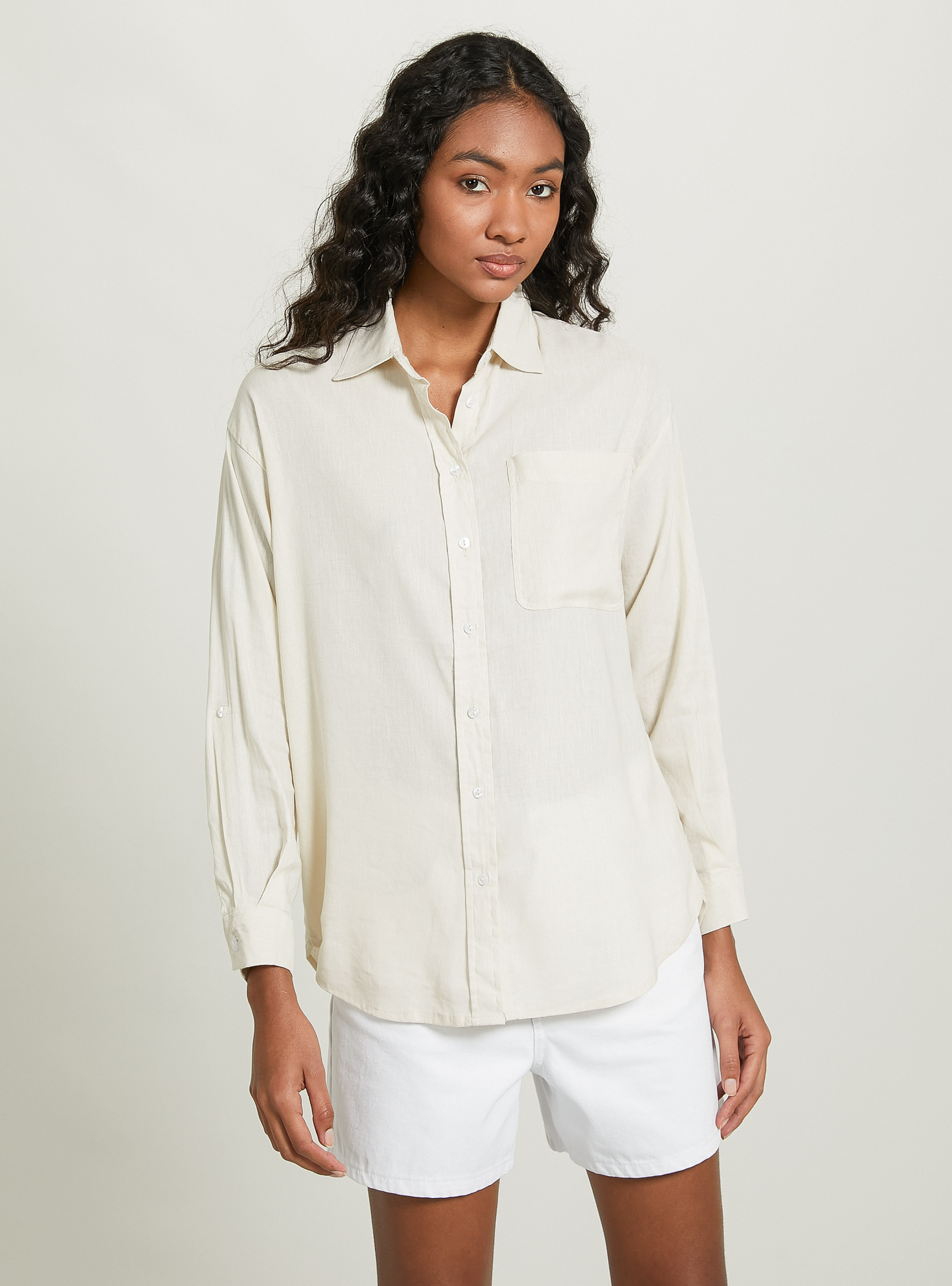 Linen blend shirt with breast pocket, BG3 BEIGE LIGHT