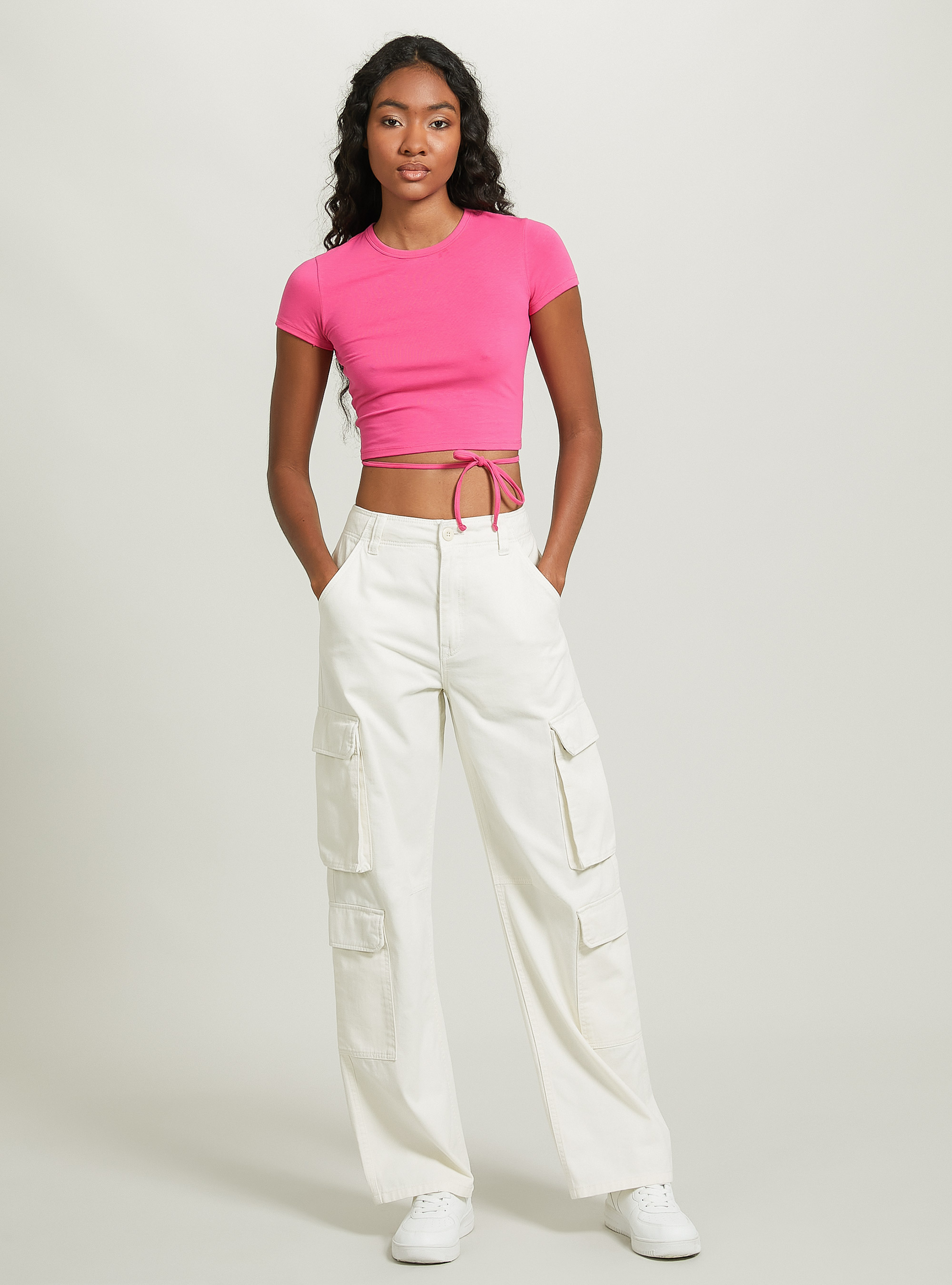 Cropped lace up t-shirt, FX2 FUXIA MEDIUM