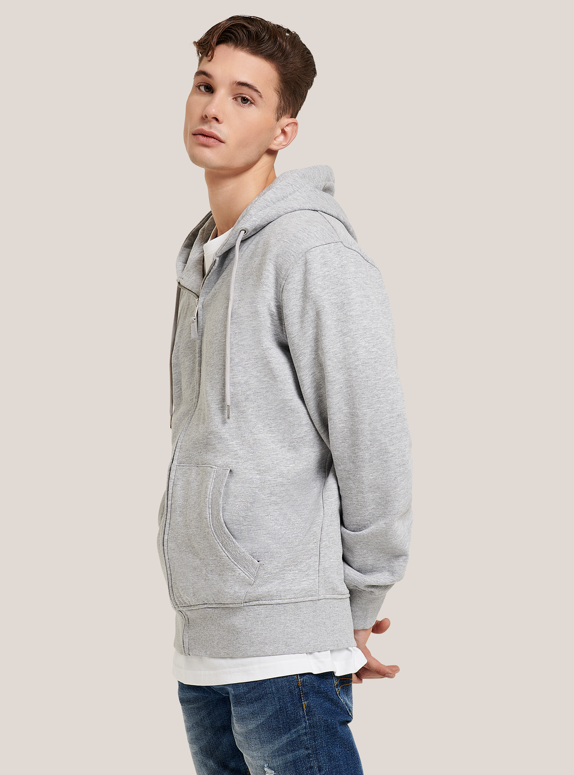 Felpa con zip e cappuccio in cotone, GRIGIO CHIARO MELANGE