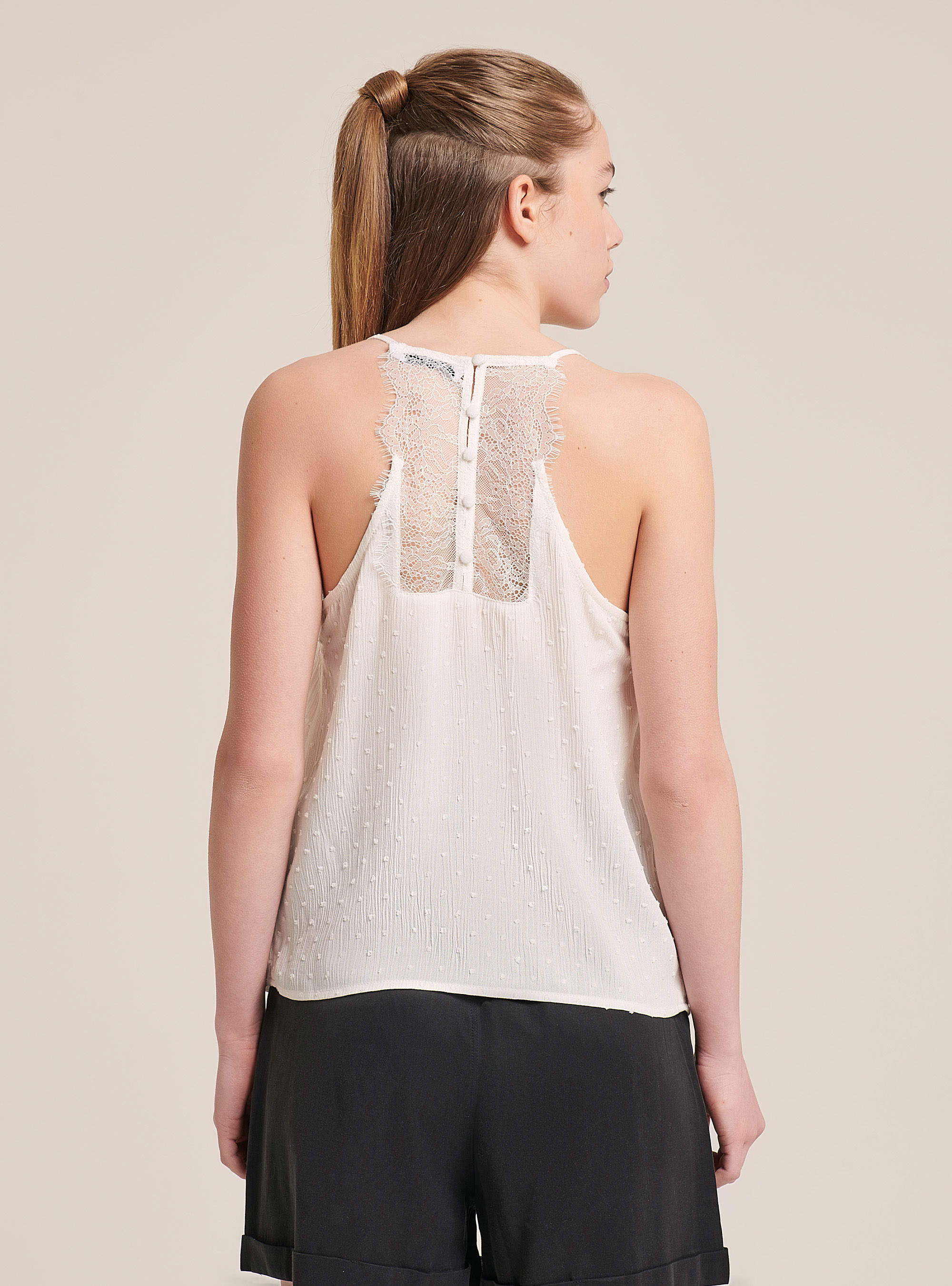 Blusa con detalle de encaje, BLANCO