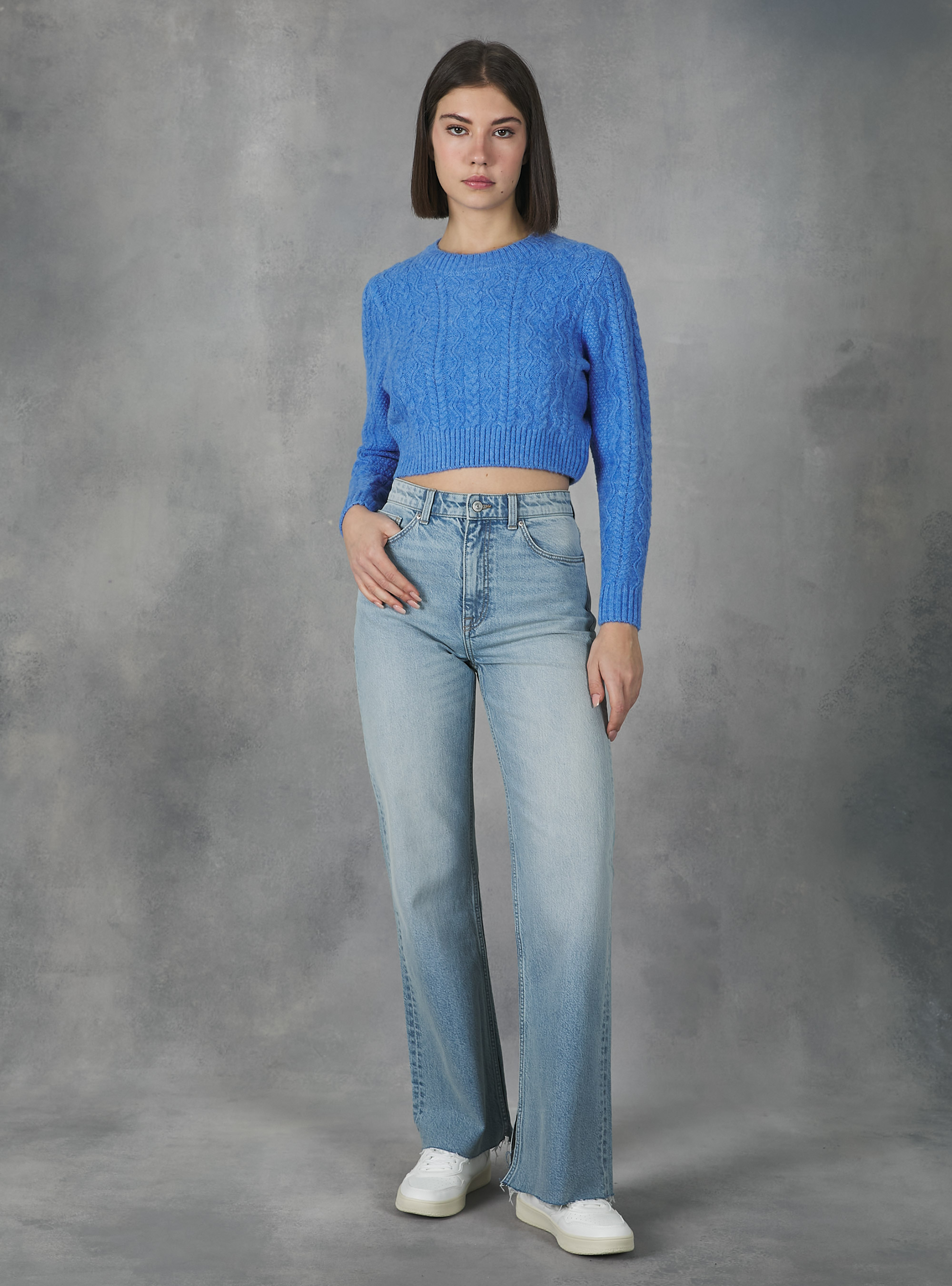 Pullover cropped a trecce, MAZ1 AZURE MEL DARK