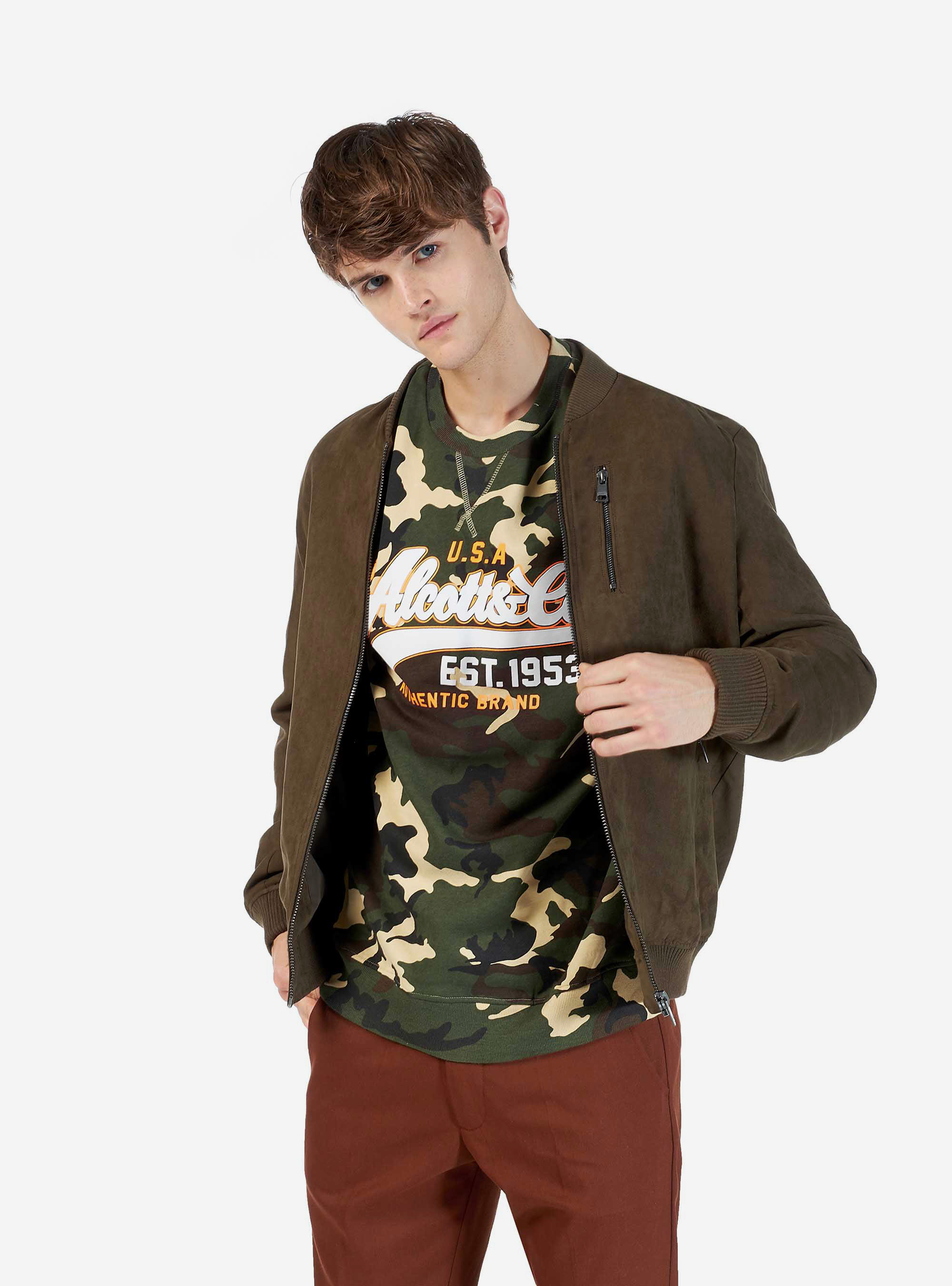 Bomber scamosciato con zip, KAKI