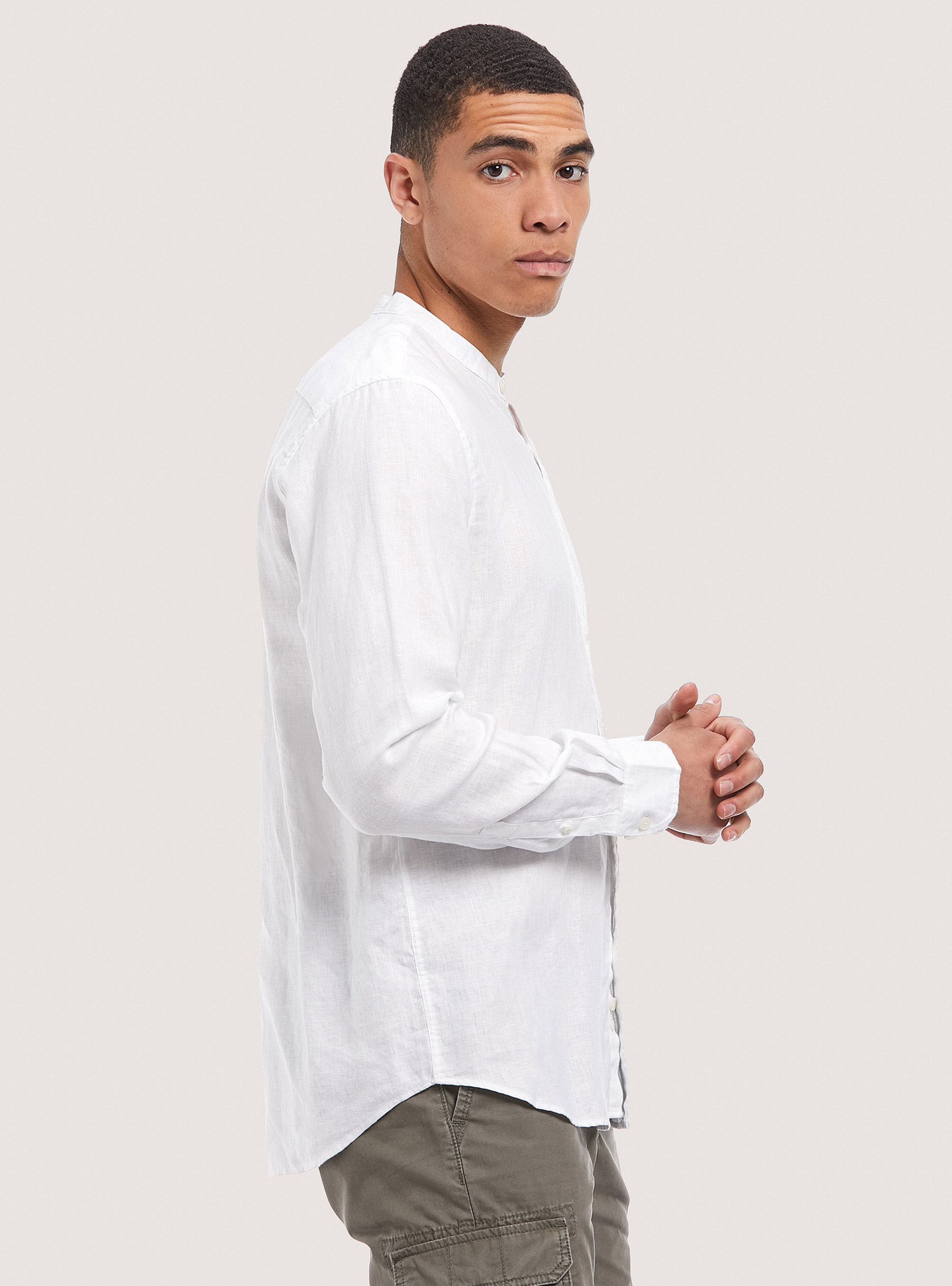 Camicia 100% lino collo coreano, WH3 WHITE