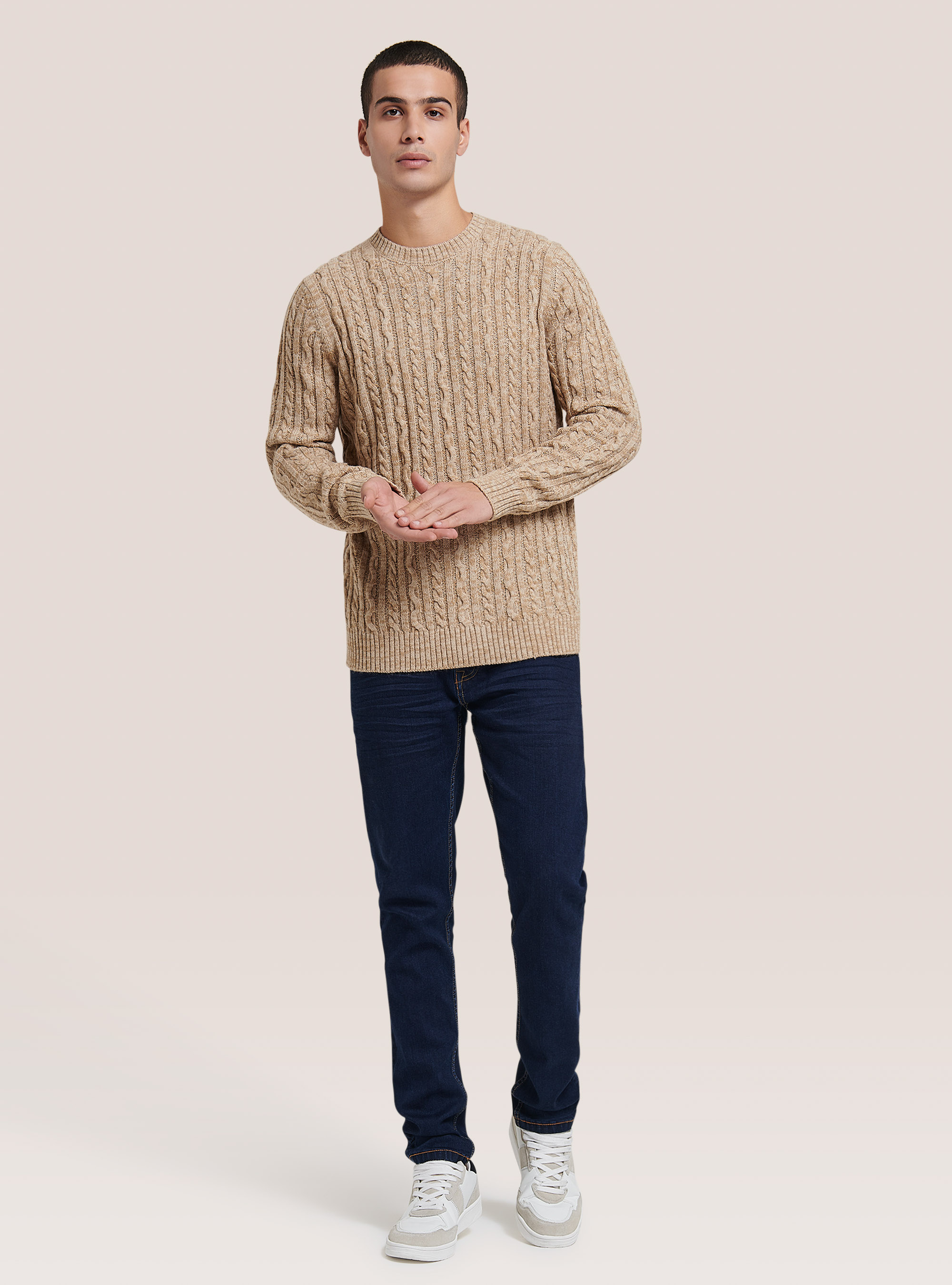 Pull &agrave; col ras du cou avec tresses, MBG2 BEIGE MEL MED