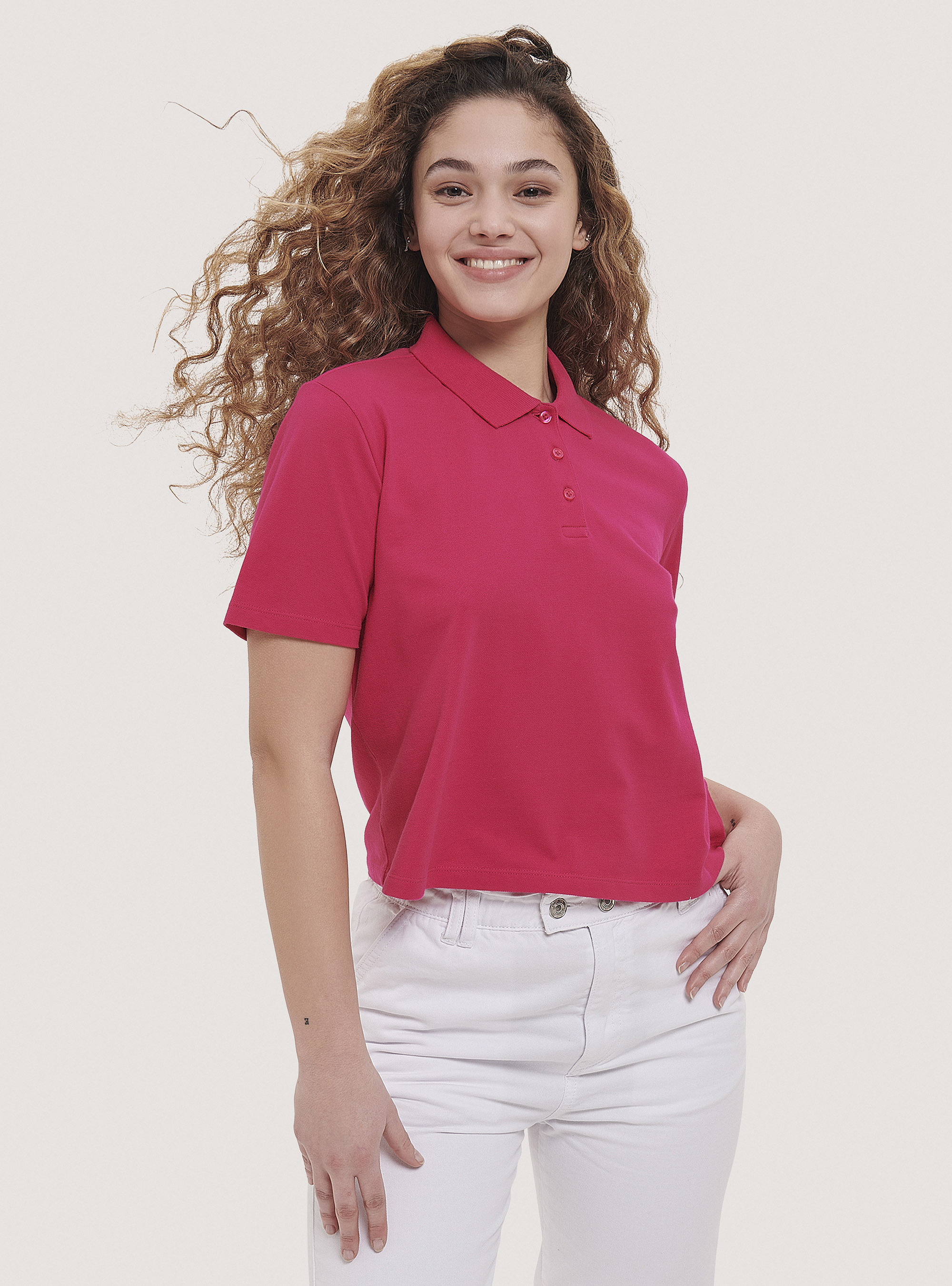 Solid colour crop fit polo shirt, FUXIA