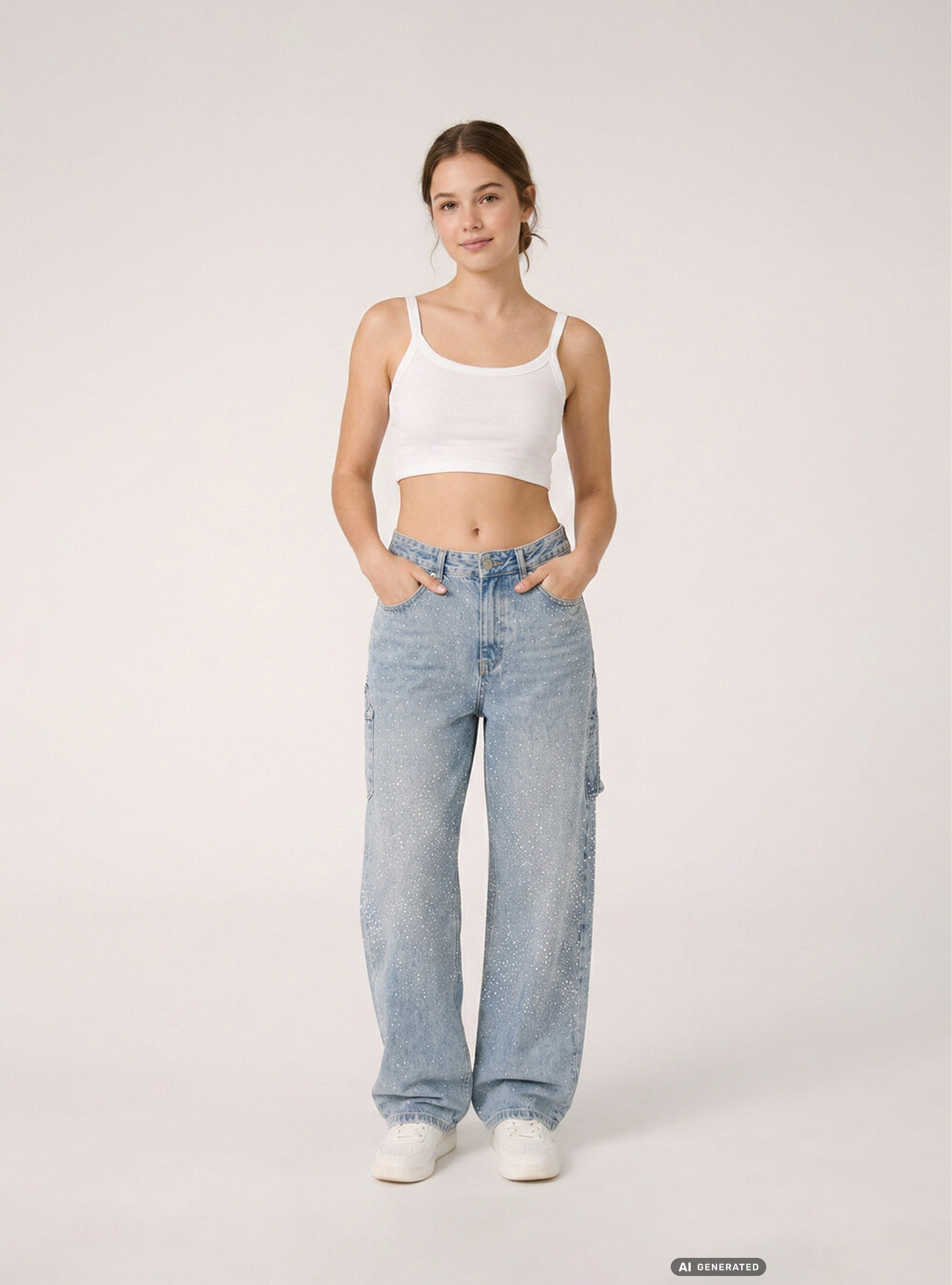 Baggy carpenter jeans with rhinestones, D006 AZURE