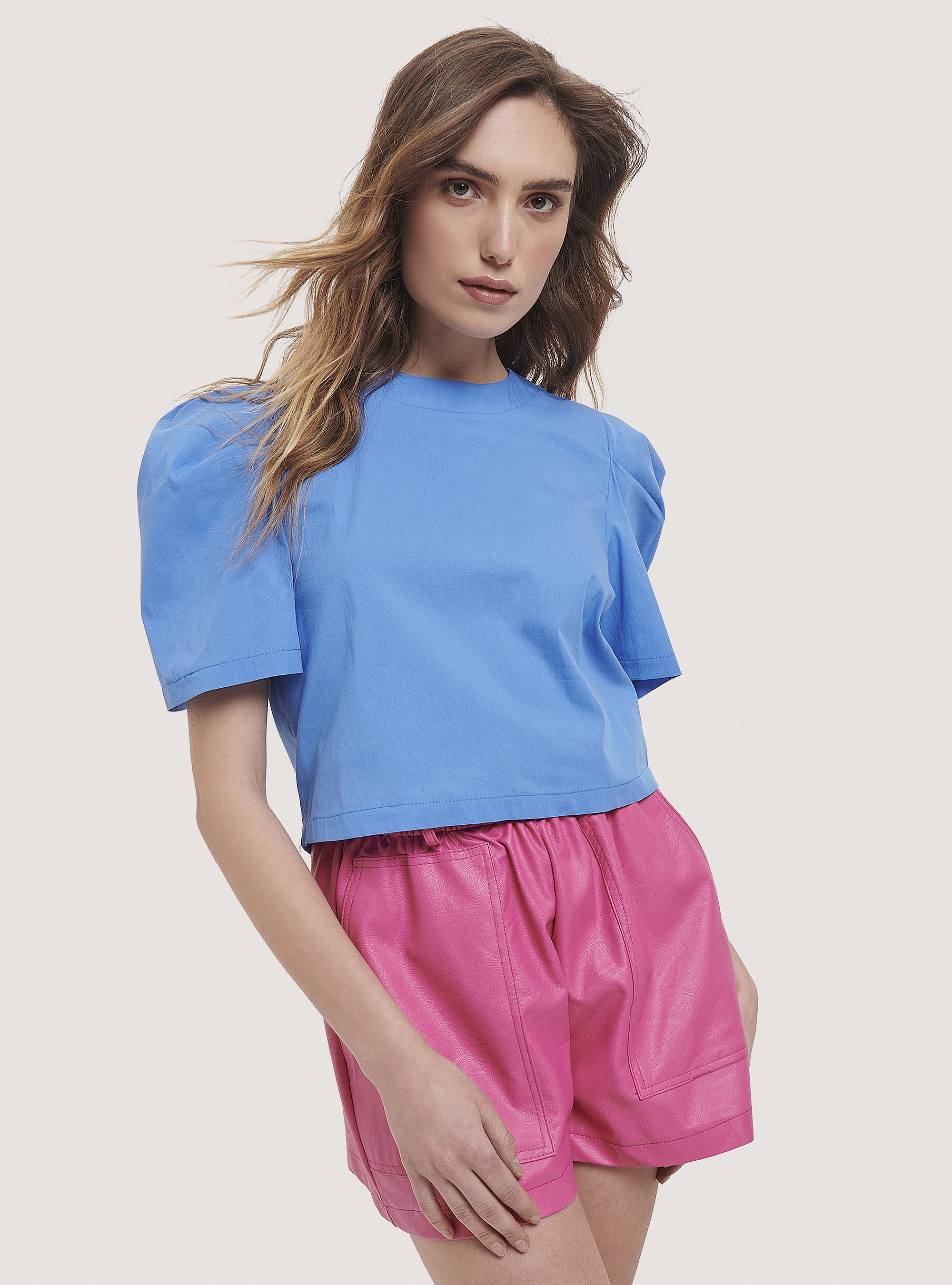 Puff Sleeve Cropped Blouse, C0299 AZZURRE