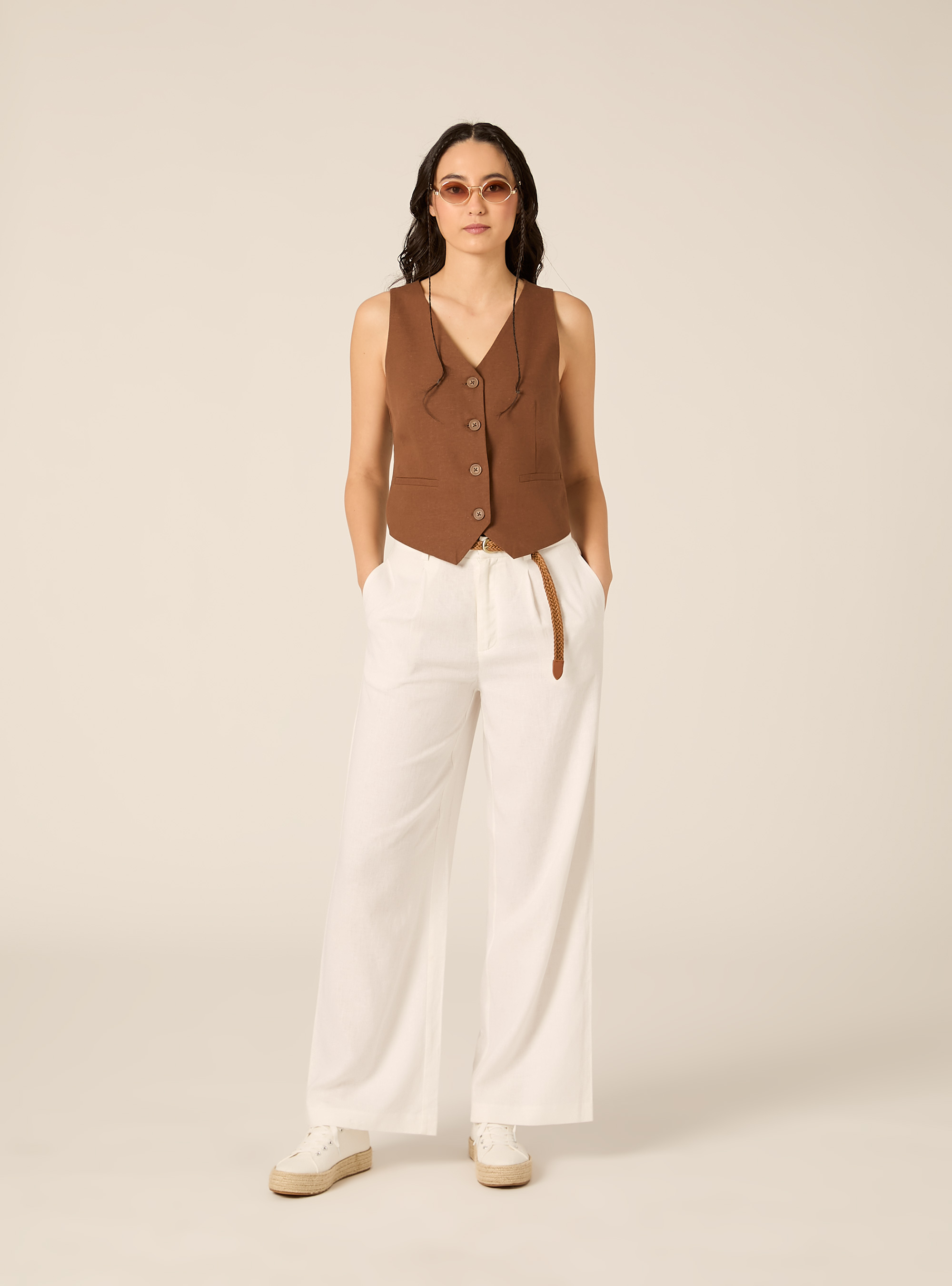 Gilet corto in misto lino, BR2 BROWN MEDIUM