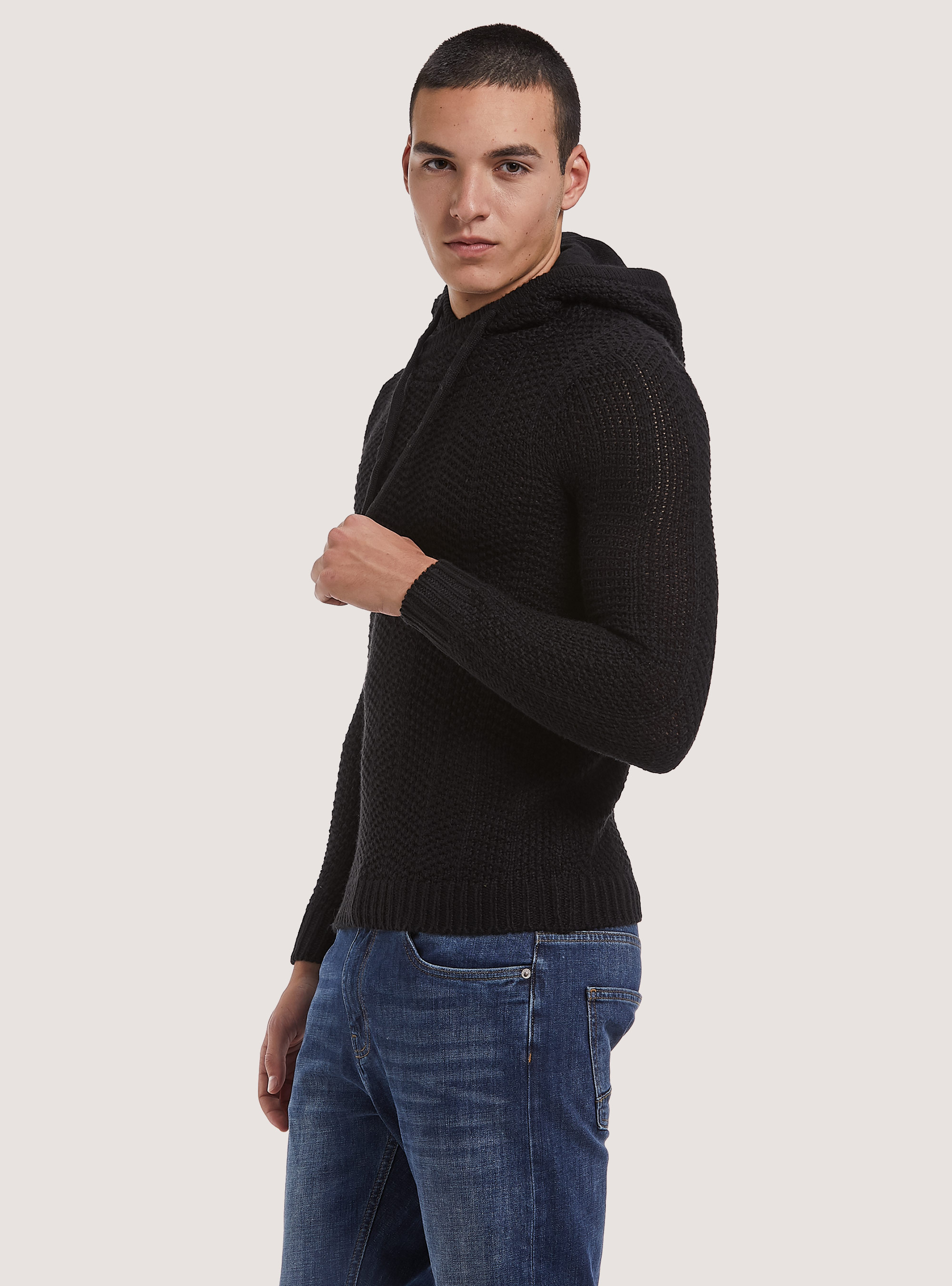Wool blend hooded pullover, BLACK