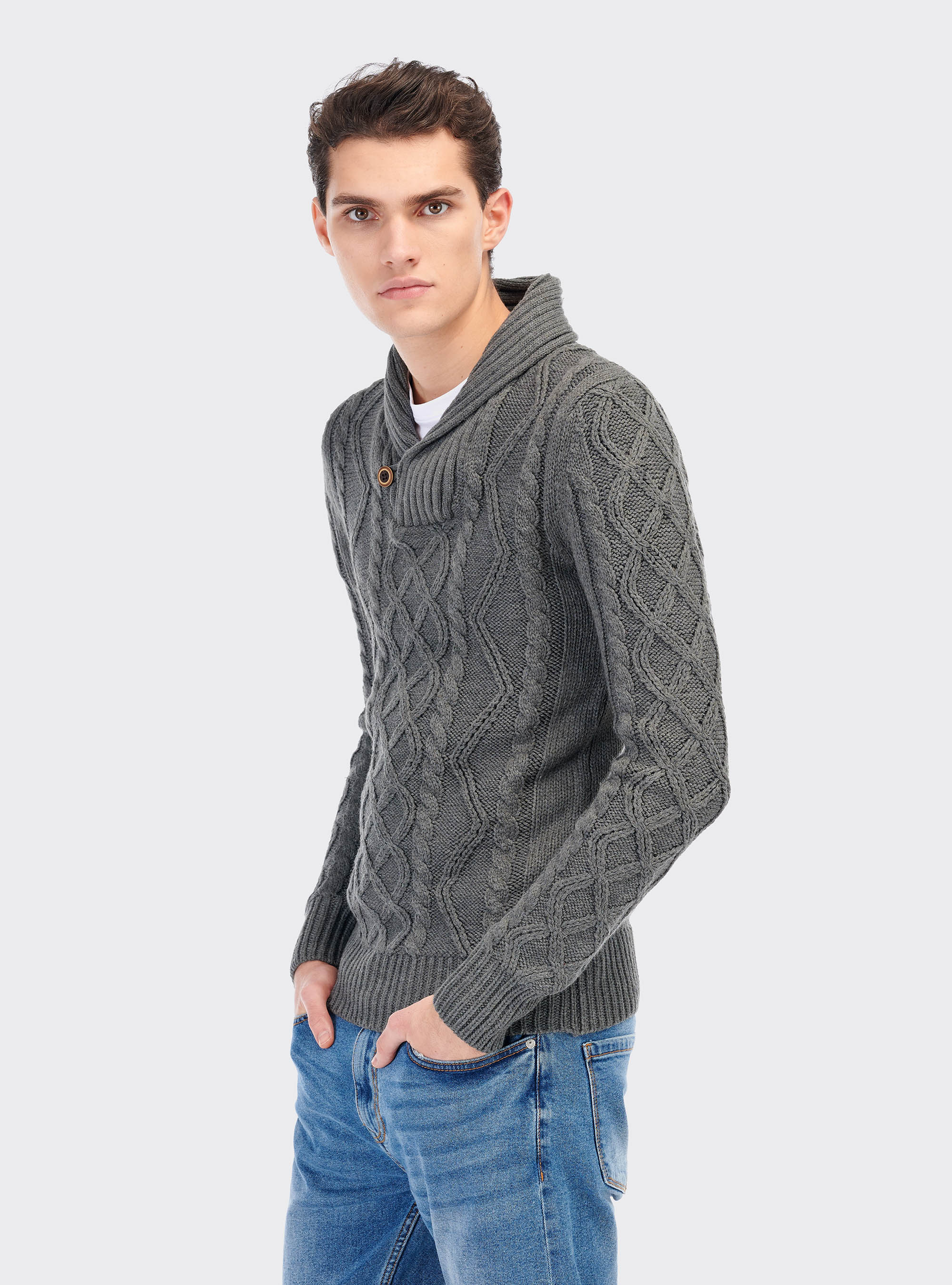 Pullover collo sciallato, GRIGIO SCURO MELANGE
