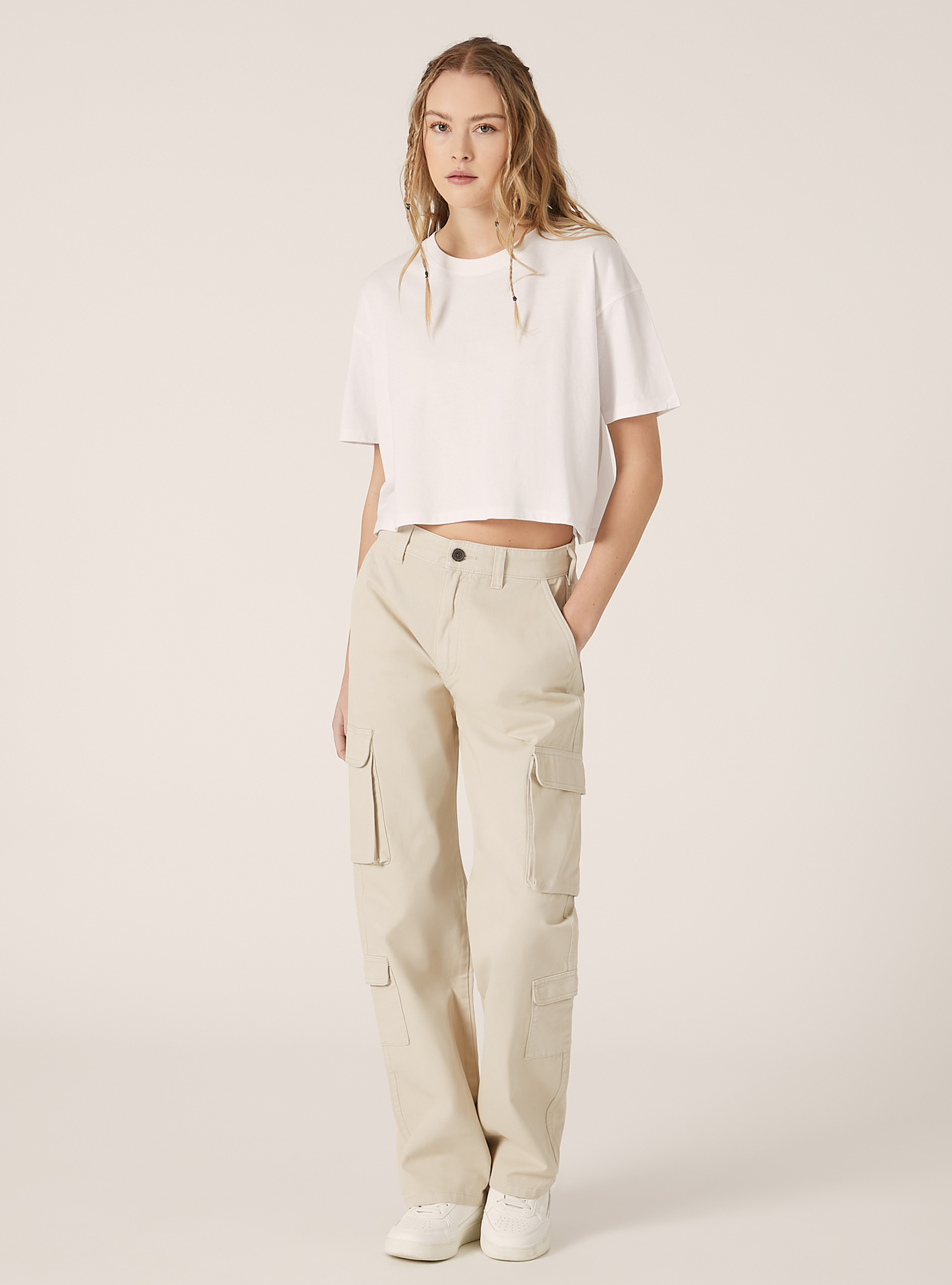 Pantalon cargo en serg&eacute;, BG3 BEIGE LIGHT