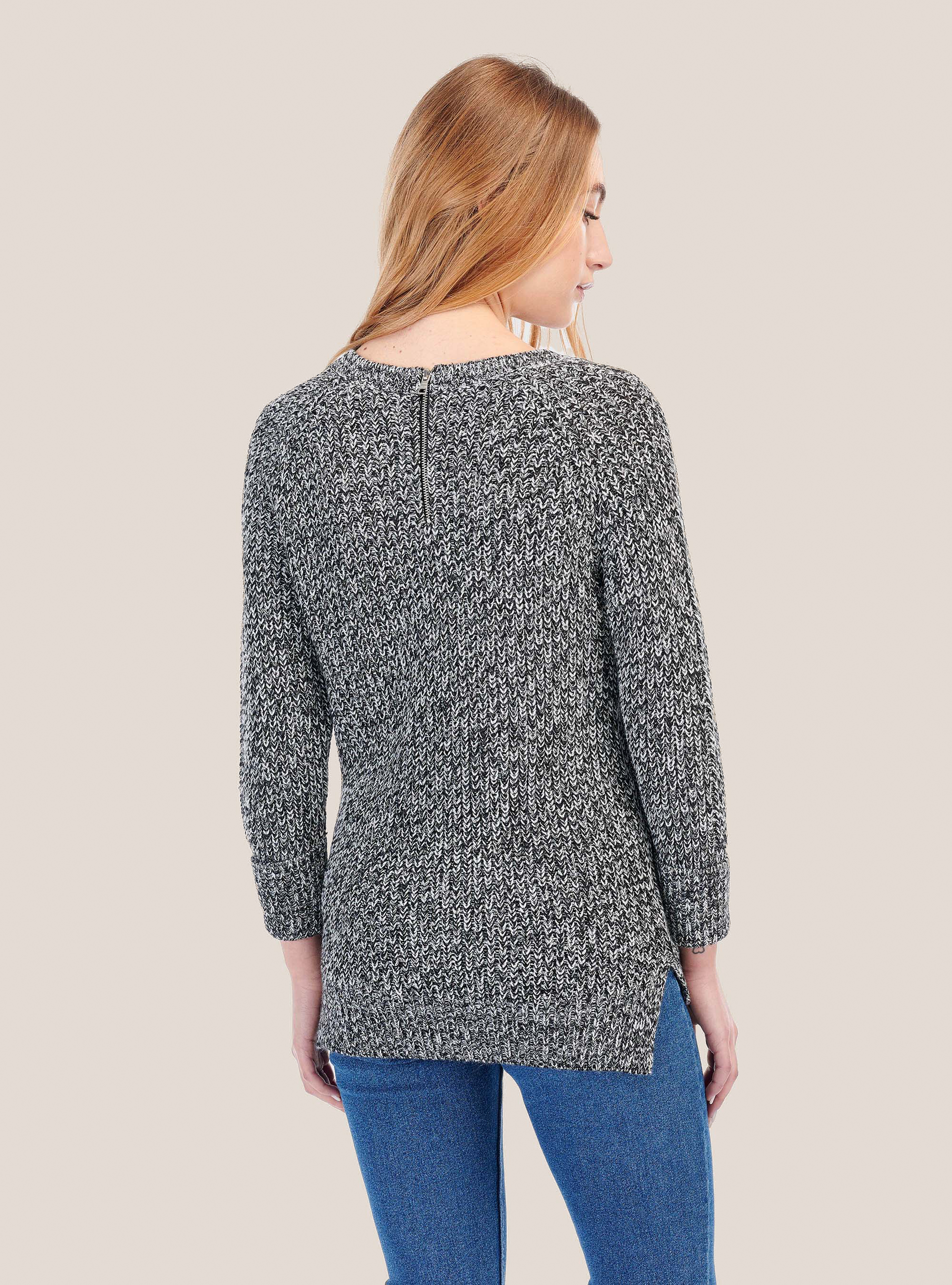 Round neck pullover with zip on the back, C101 BLACK/C004 OFF-WHITE