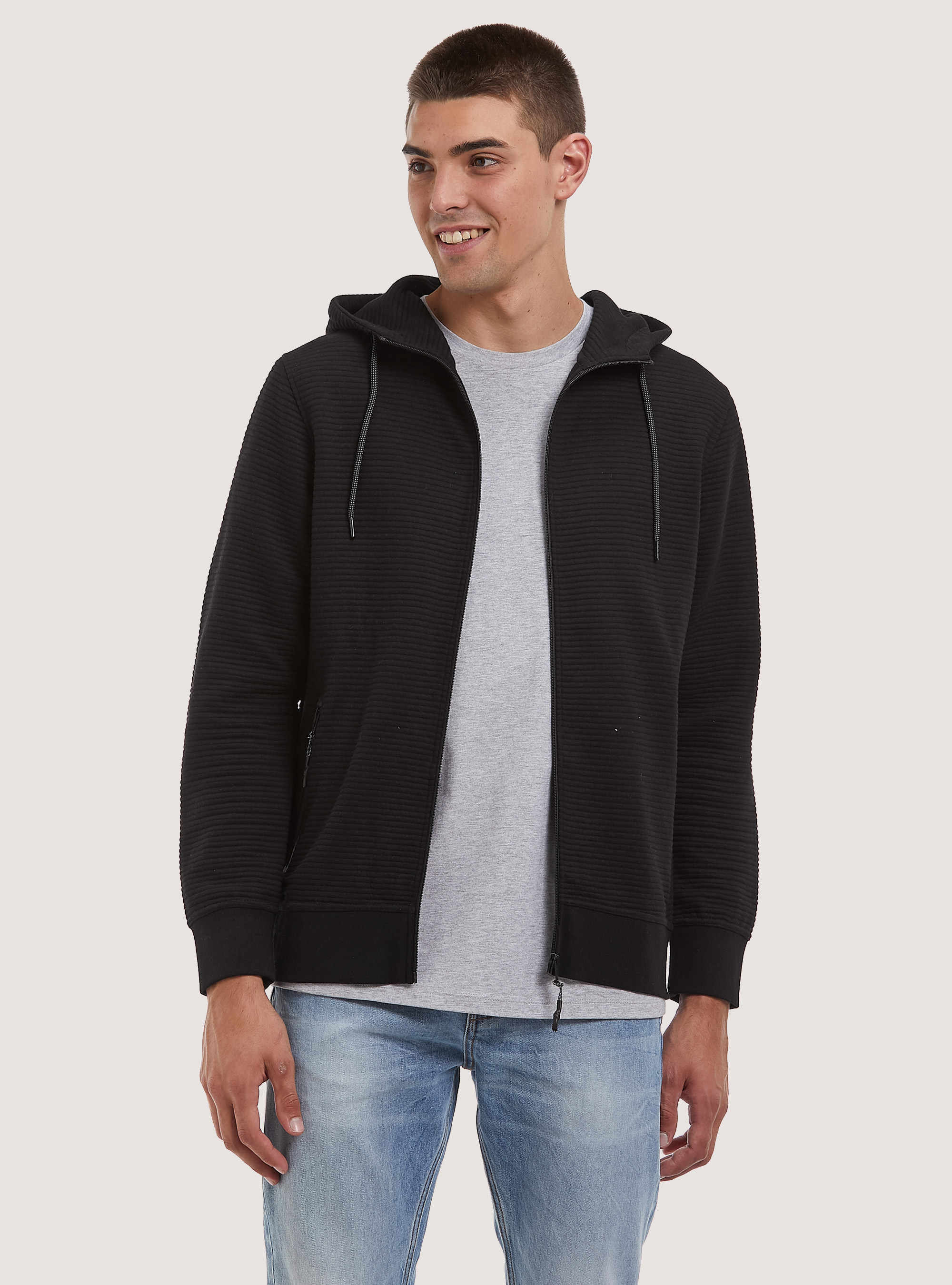Sweatshirt with zip and hood, BK1 BLACK