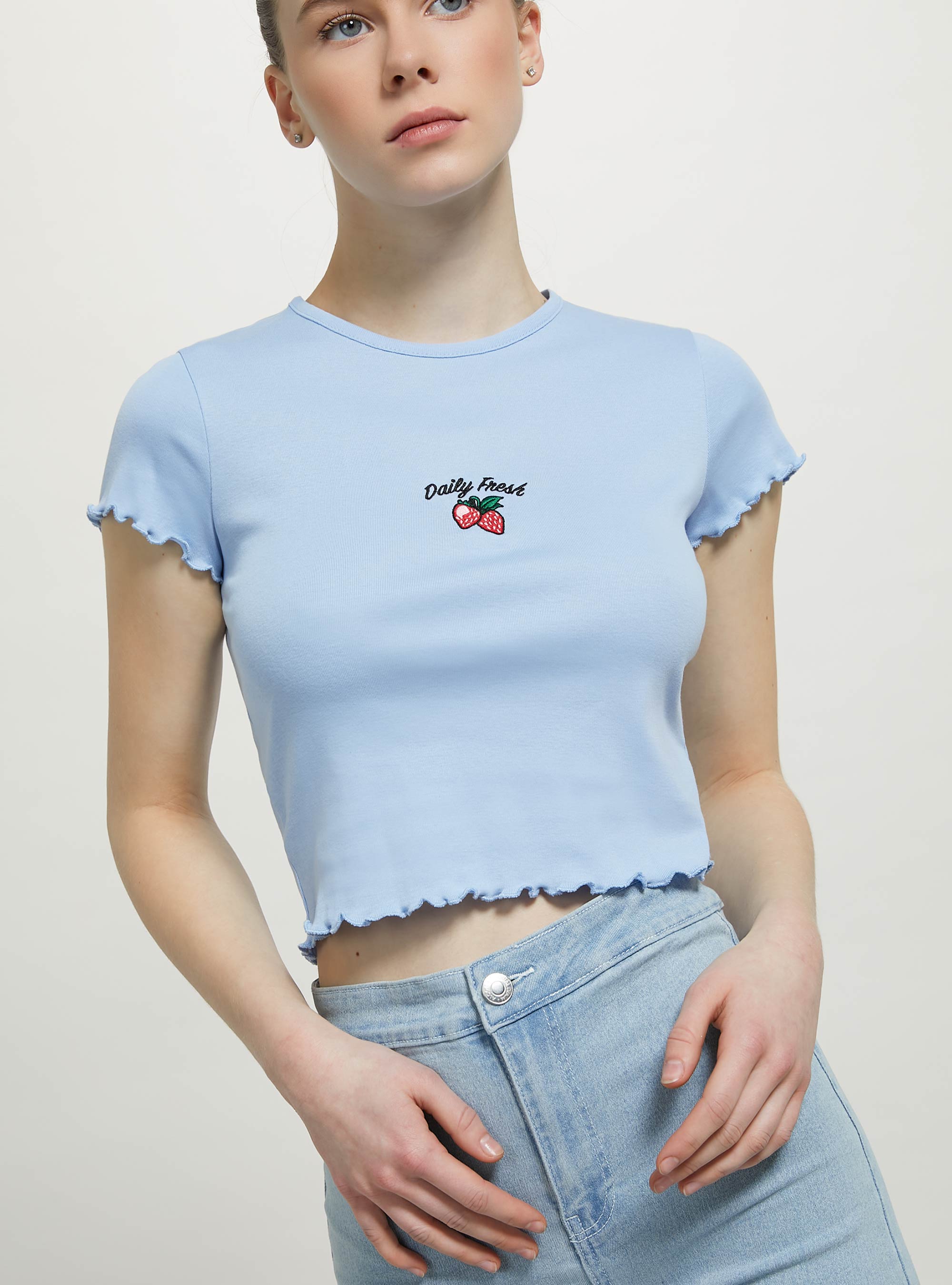 Cotton T-shirt with embroidery, C2285 AZZURRO