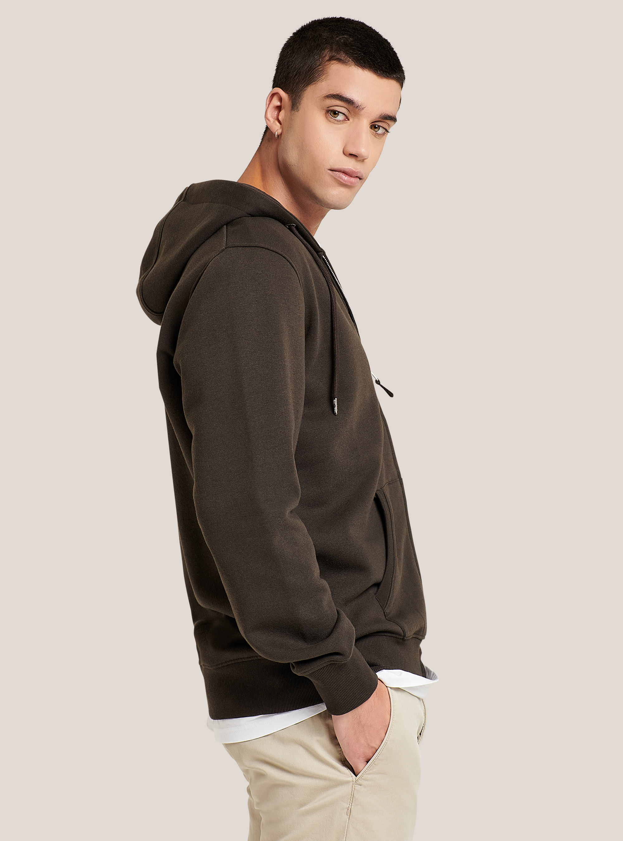 Sweat-shirt basique en coton avec capuche et fermeture éclair, C0569 FANGO