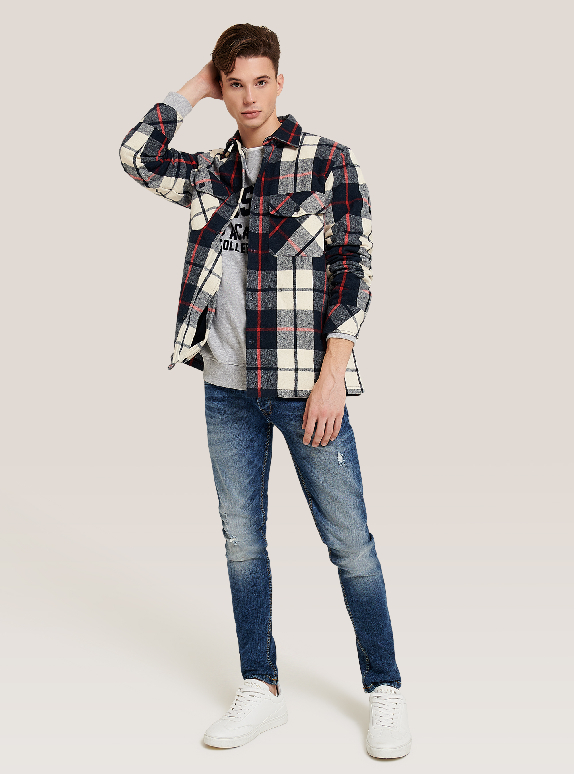 Giacca camicia a quadri, BIANCO