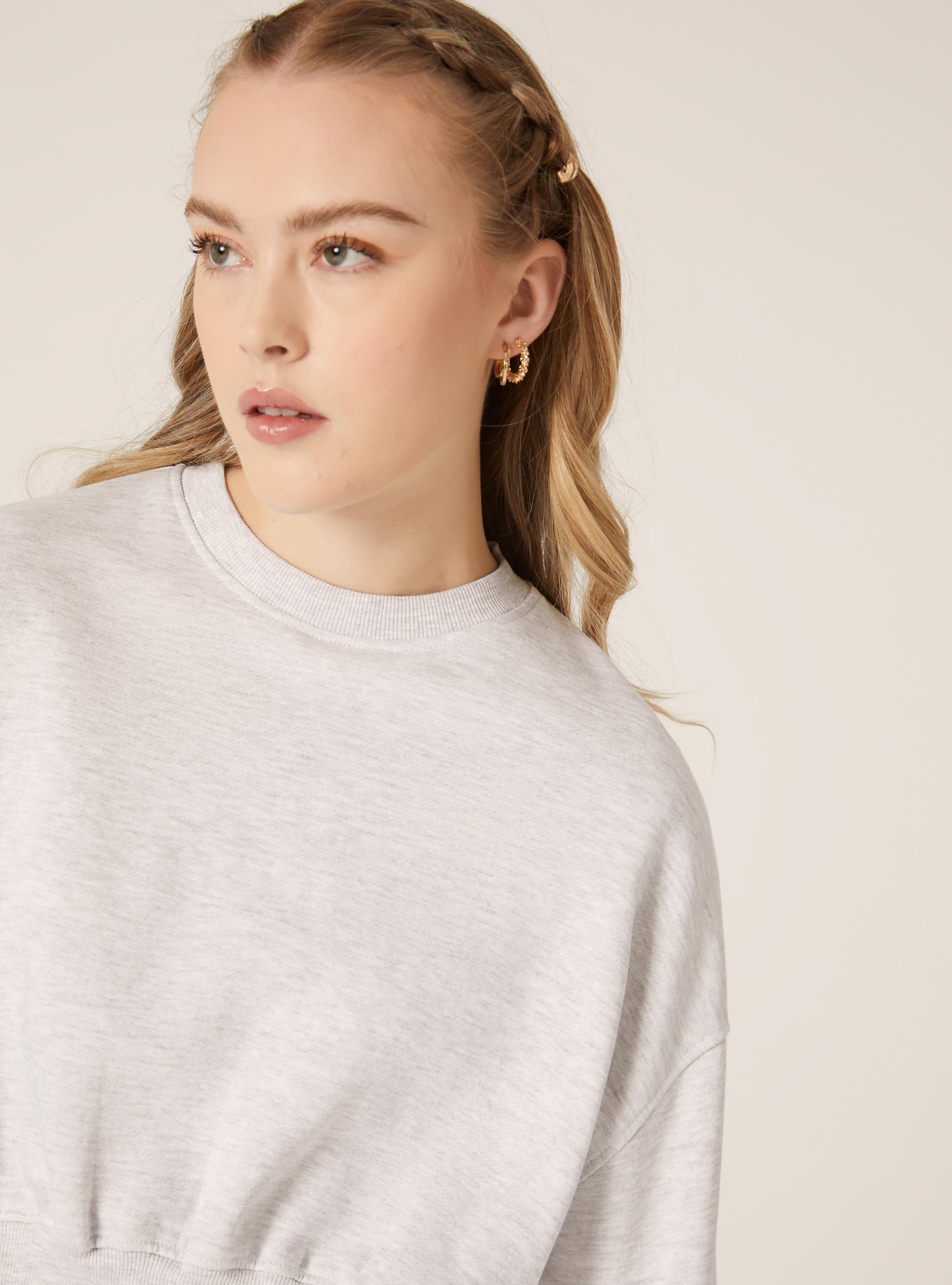 Felpa girocollo cropped, MGY3 GREY MEL LIGHT