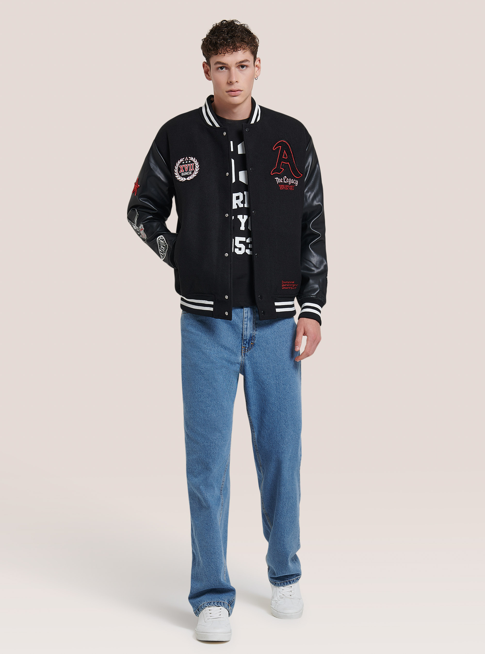 Blouson bombardier avec manches et patchs en similicuir, C101 BLACK