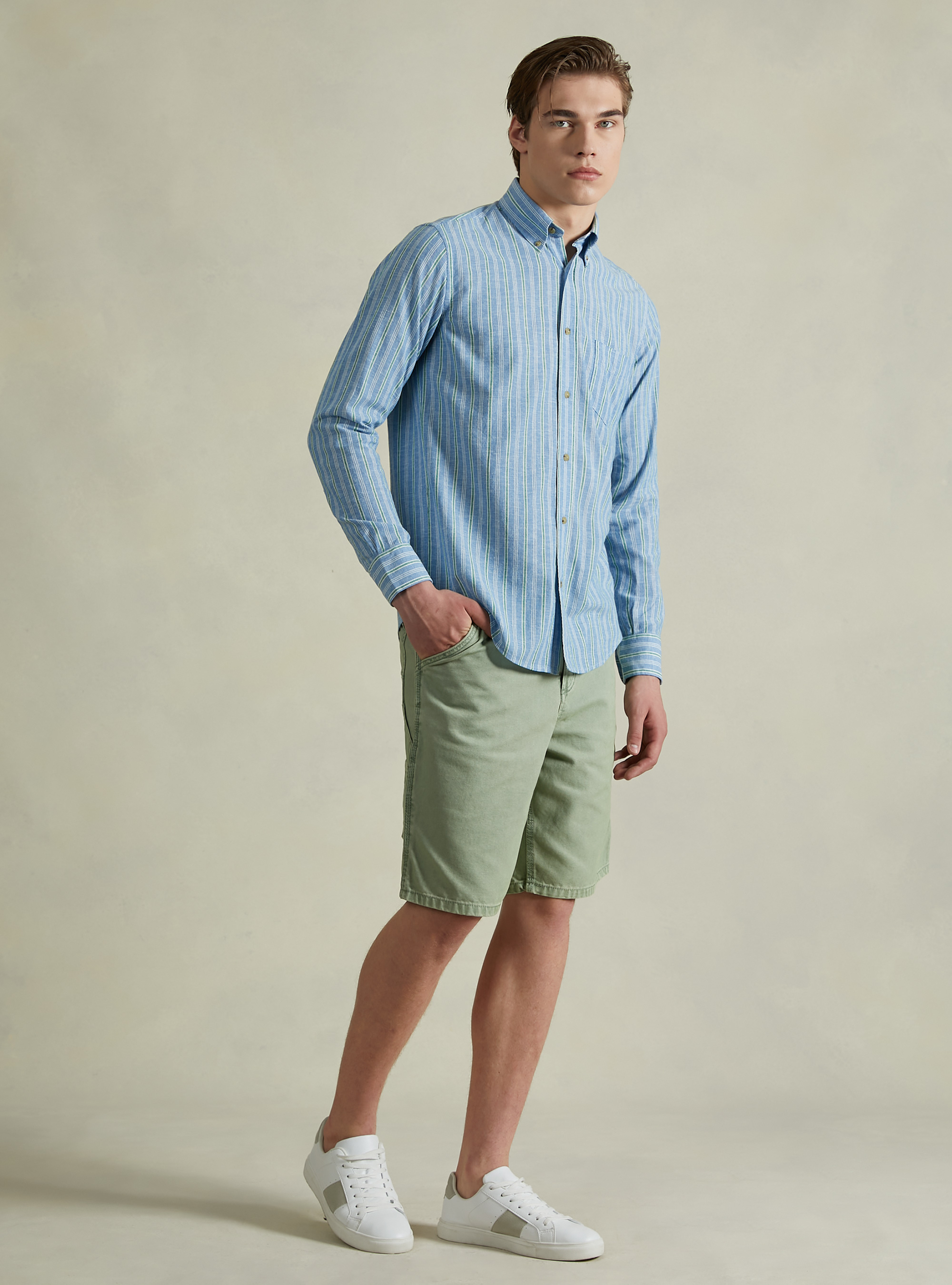 Striped linen blend shirt, AZURE