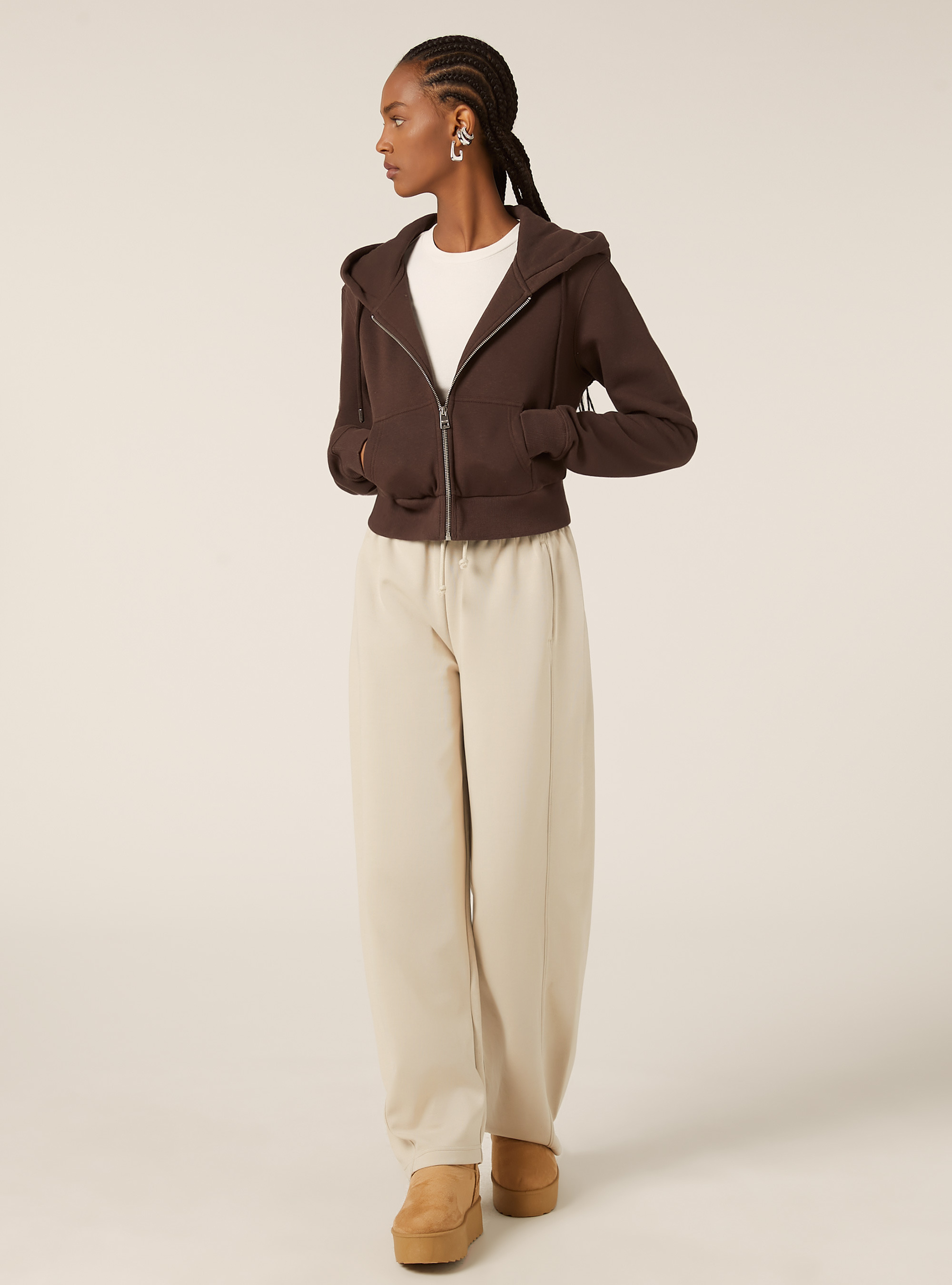 Sweat à capuche zippé court, BR1 BROWN DARK