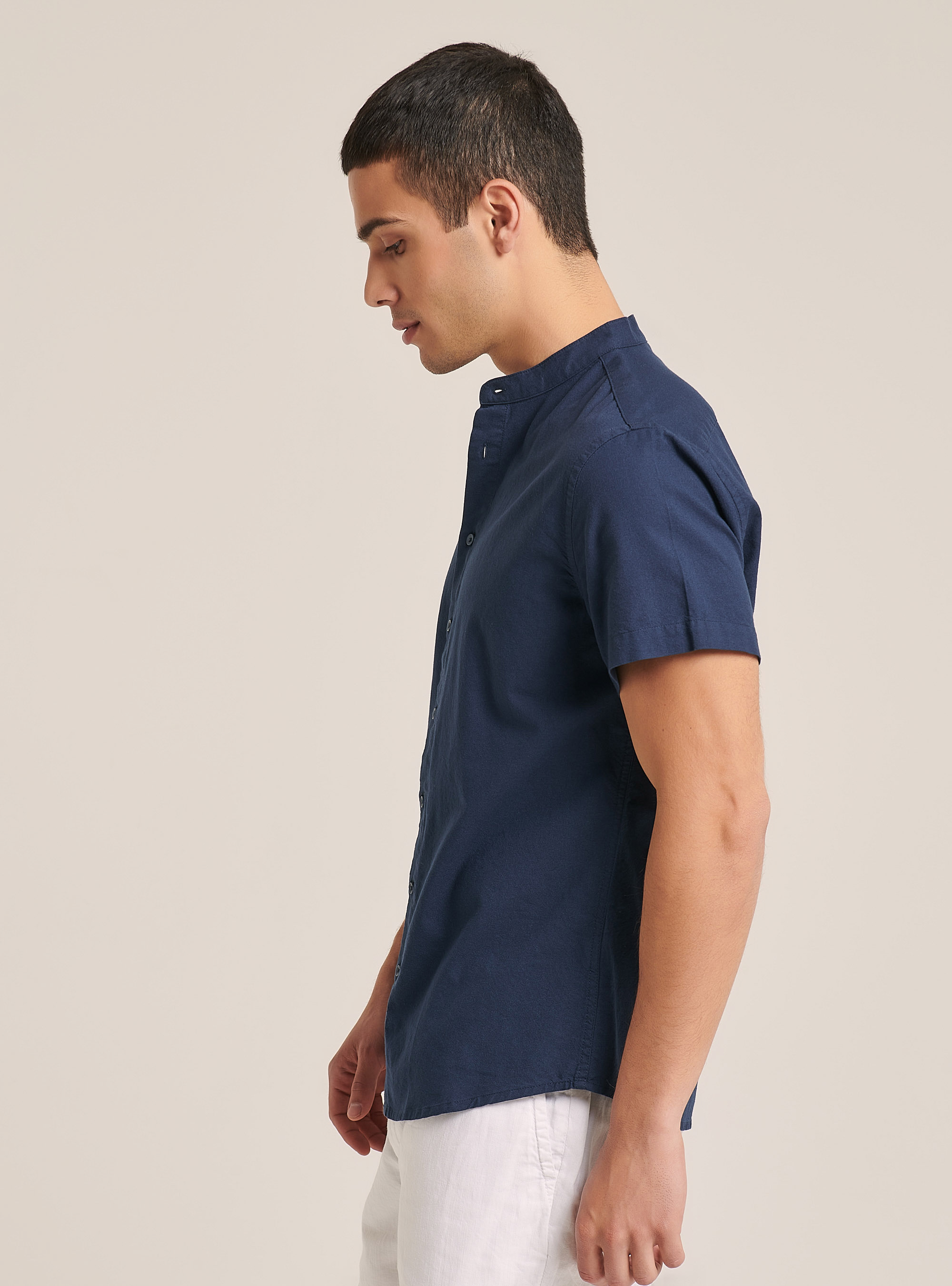 Camisa de manga corta con cuello coreano, AZUL