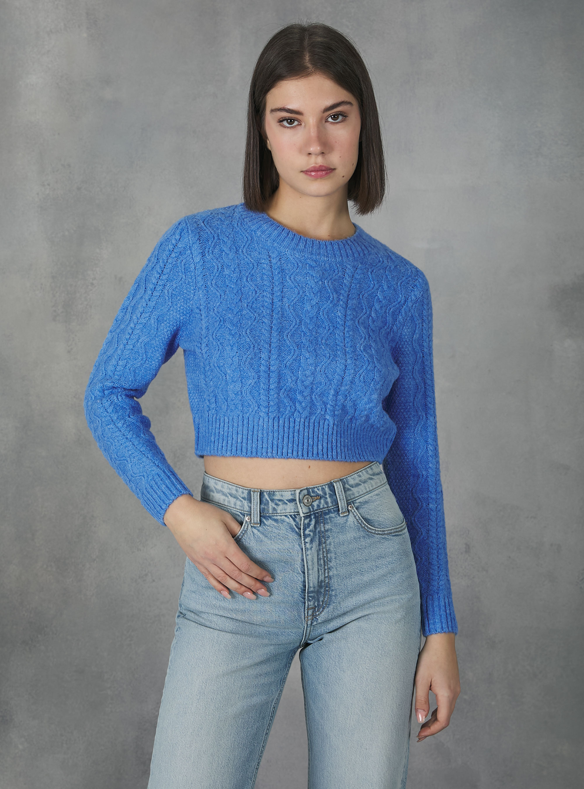 Pullover cropped a trecce, MAZ1 AZURE MEL DARK