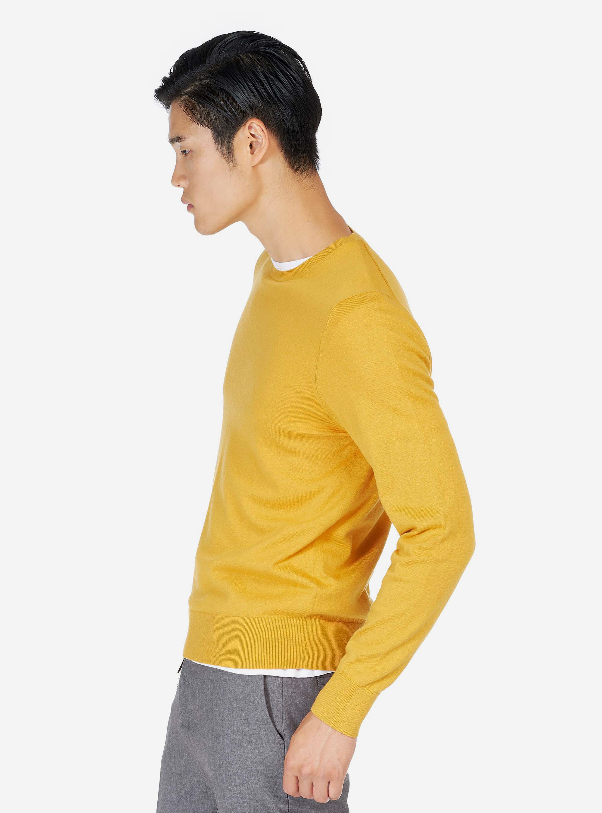 Pull col rond en coton soie et cachemire, C7751 SENAPE