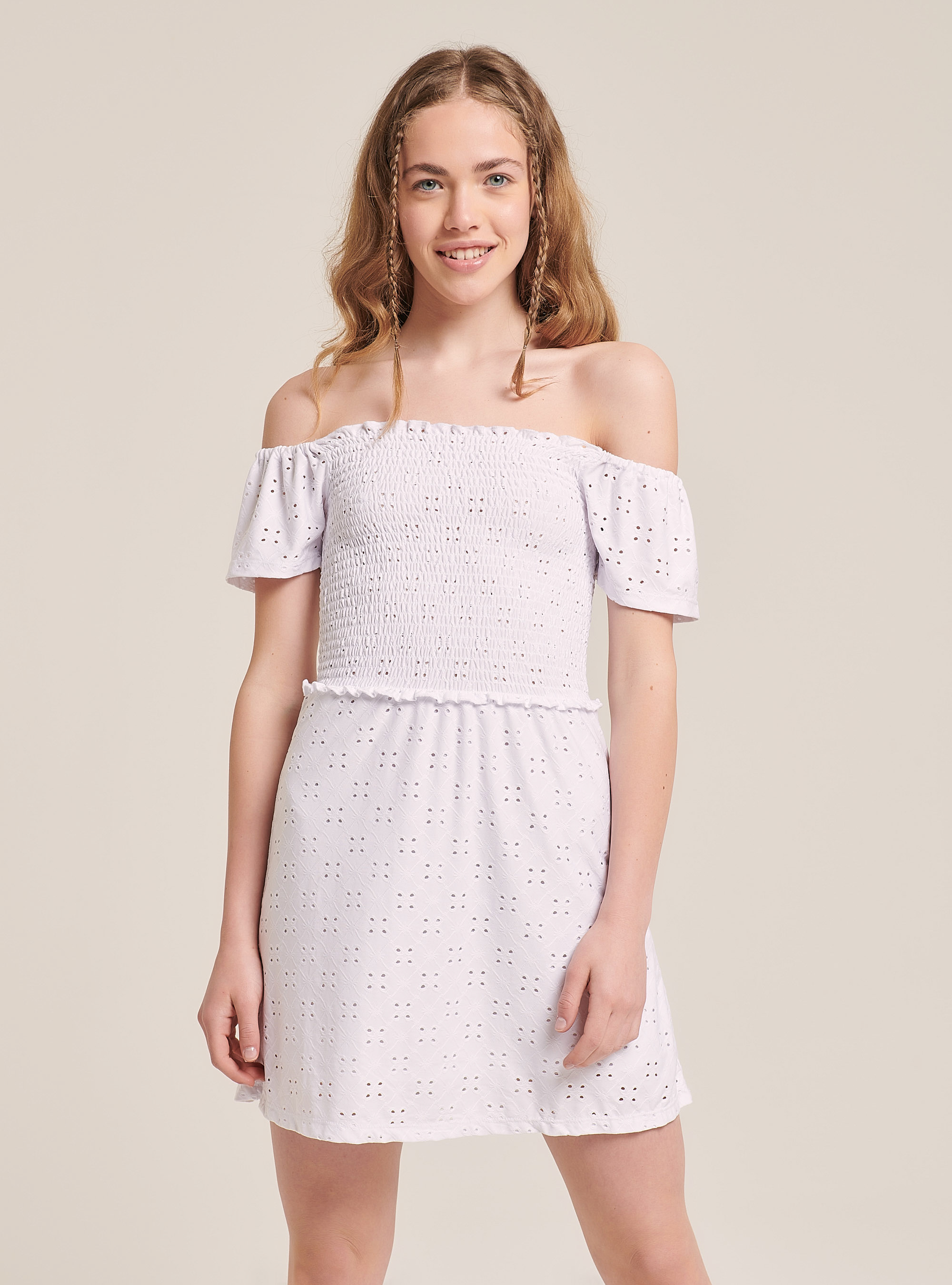 Crochet dress with bardot neckline, WHITE